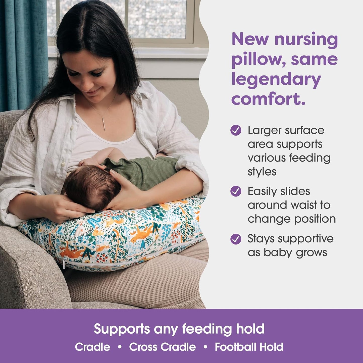 Boppy Nursing Pillow - Ergonomic Bottle & Breastfeeding Pillow with High, Firm, Large Area, Water-Repellent Cushion with Washable Cover; Baby Safety Alliance Verified - Colorful Forest Animals