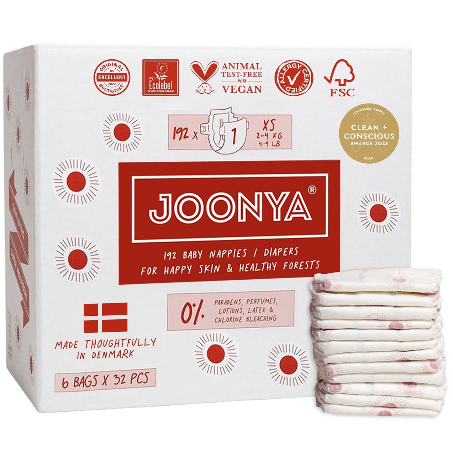 Joonya Baby Diapers, Size 1 XS (4-9 lb) - 6 Bags of 32 (192) - New Range - NonToxic, Eco-Friendly, Ultra Slim, Overnight Use - Made in Denmark