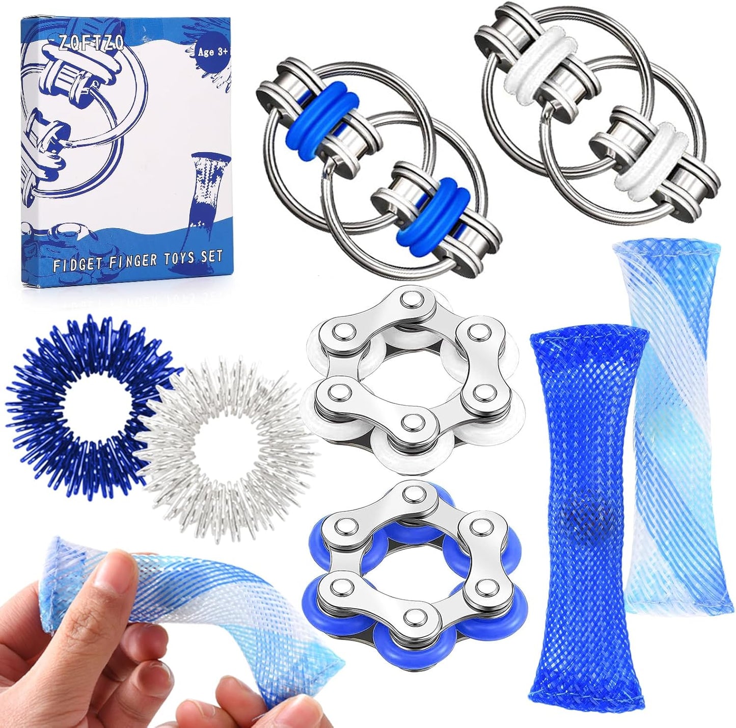 8 Pcs Sensory Fidget Toys Pack Flippy Roller Bike Chain Fidget Spinner Anxiety and Stress Relief Silent Tools Mesh Marble Acupressure Ring for Adults Teens Kids Boys Girls