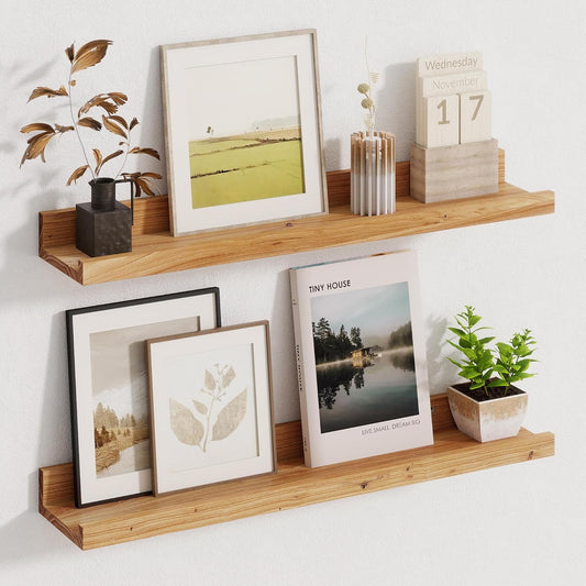 Picture Ledge Shelf - 24 Inches Floating Shelves Set of 2 - Rustic Elm Wood Ledge Shelves for Toys Storage, Kids Bookshelf Wall Mounted for Bedroom, Living Room, Kitchen - 24 Inches - Natural Color
