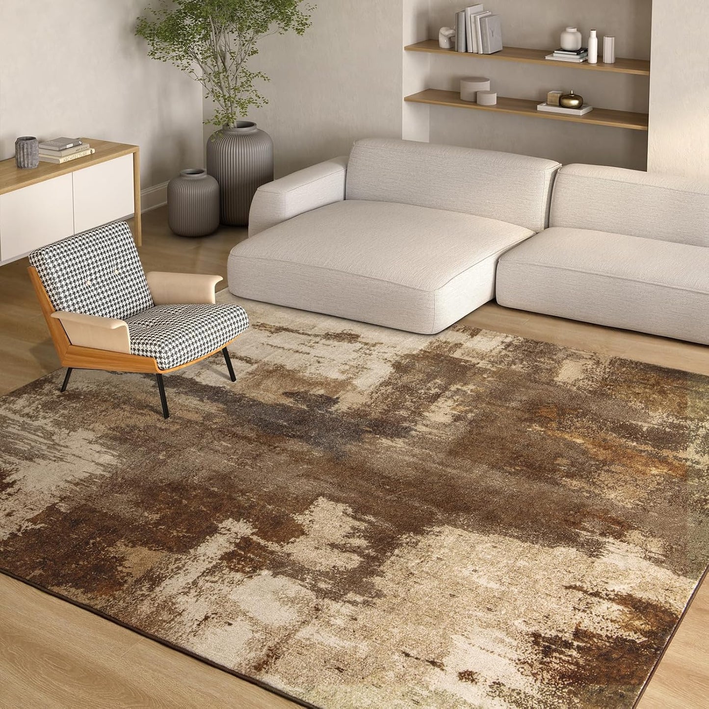 Kelarea Living Room Rug, 4x6 Rug Modern Abstract Washable Rugs Brown Foldable Faux Wool Vintage Carpets, Non Slip Rug for Bedroom, Dining Room, College Dorm, Kids Playroom, Home Office