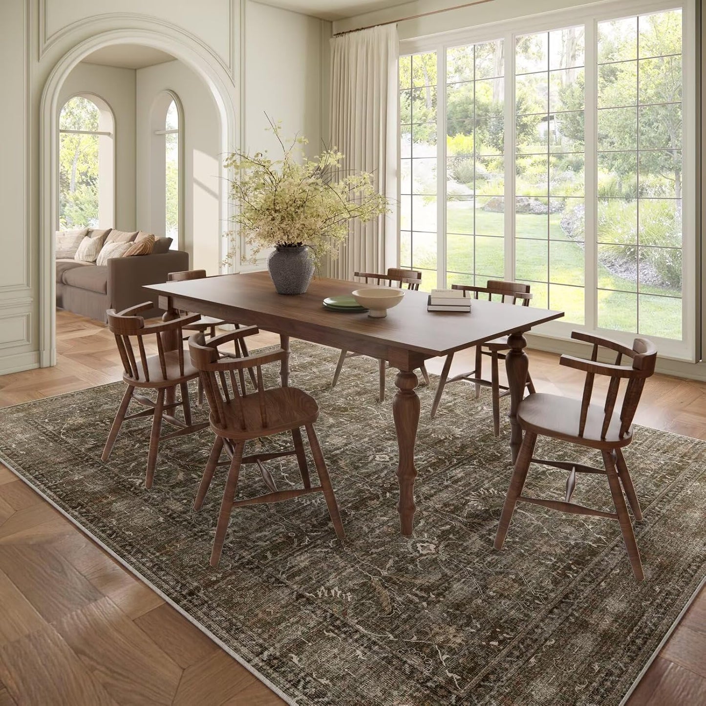 Washable 8x10 Area Rugs for Living Room, Boho Non-Slip Silicone Backing Rugs for Bedroom Dining Room Nursery Office, 0.3" Neutral Oriental Throw Carpet with 0.16" Cushioning Pad, Deep Brown/Multi