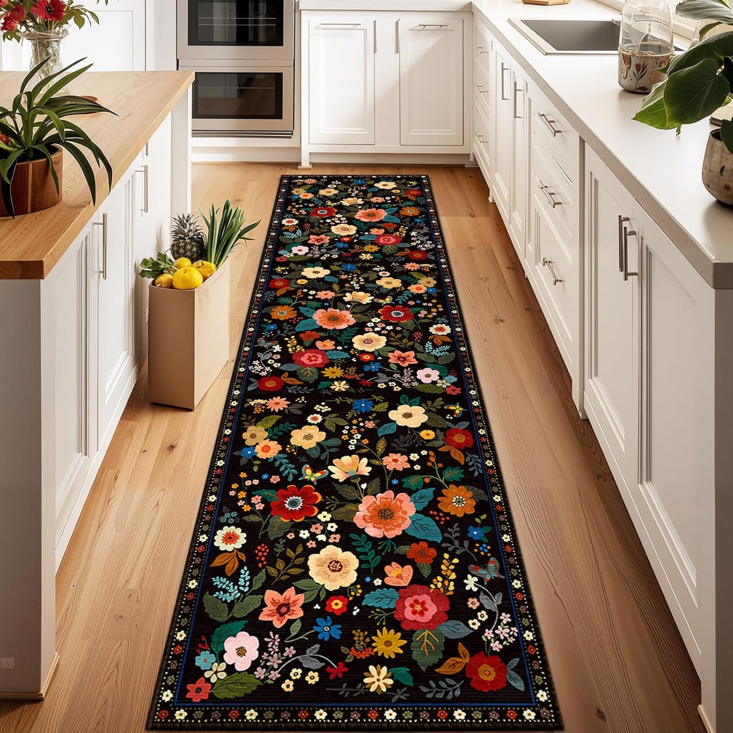 Floral 2x8 Area Rug Machine Washable Soft Print Boho Carpet Non Slip Doormat Low Pile Flower Area Rugs for Living Room Bedroom Nursery Kitchen Dining Room Indoor-Black