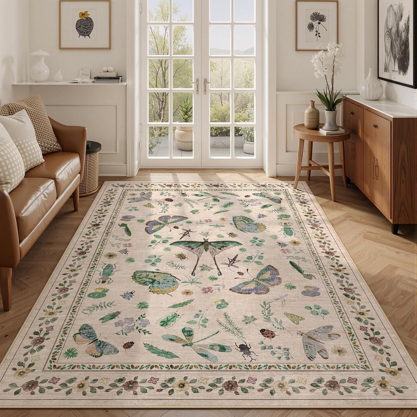 6x9 Rugs for Living Room with Insect Print - Bug Rug Non-Silp Stain Resistant Soft Carpet for Bedroom, Low Pile Ultra-Thin Machine Washable Carpet for Dining Room, Kids Nursery, Office (6'x9' Beige)