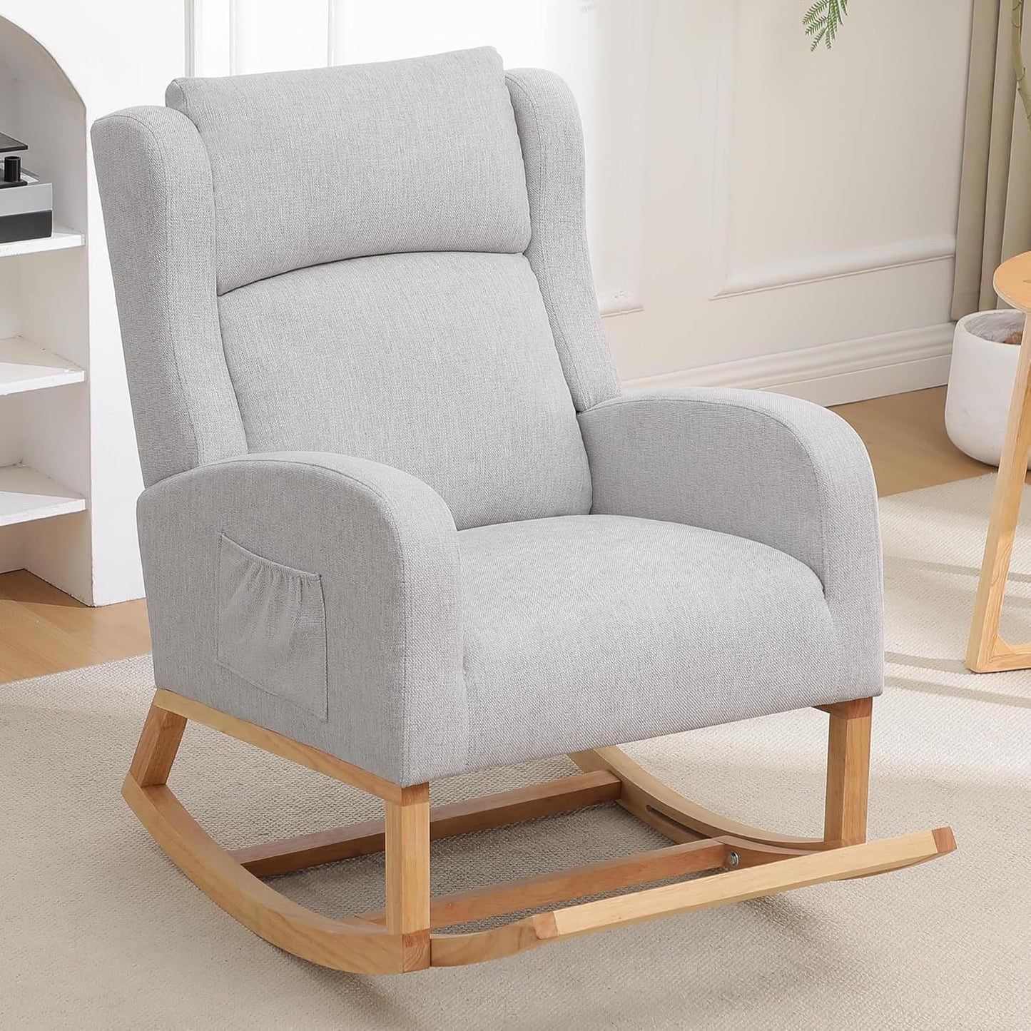 Rocking Chair Nursery, Nursing Rocking Chairs for Mom Nursery, Comfy Wingback Glider Rocking Armchair with Foot Rest and Side Pocket for Nursery Living Room Bedroom, Light Grey