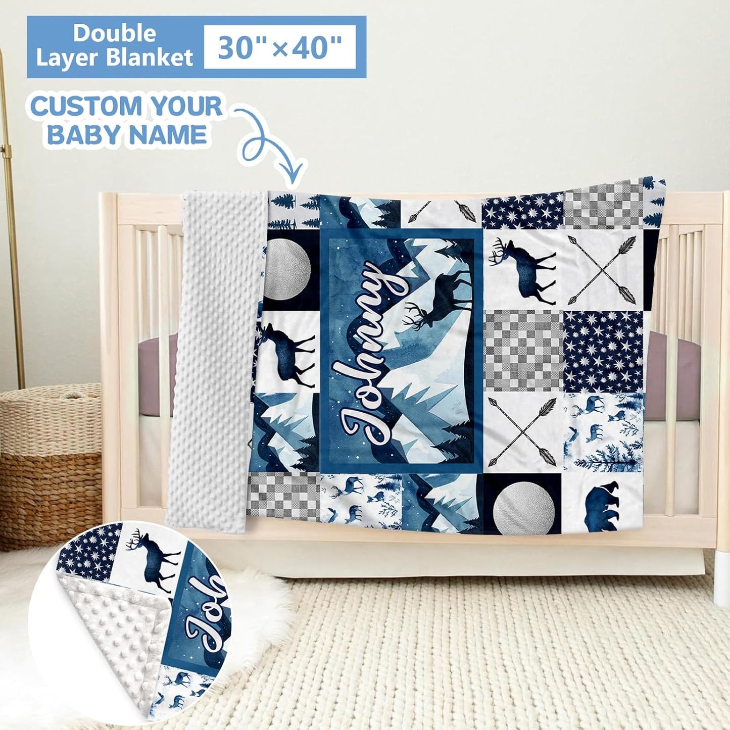 Custom 5-Piece Baby Crib Bedding Set, Personalized Name for Toddlers, Blue Deer Nursery Set for Boy Girl, Double Layer Infant Crib Set, Customized Gifts