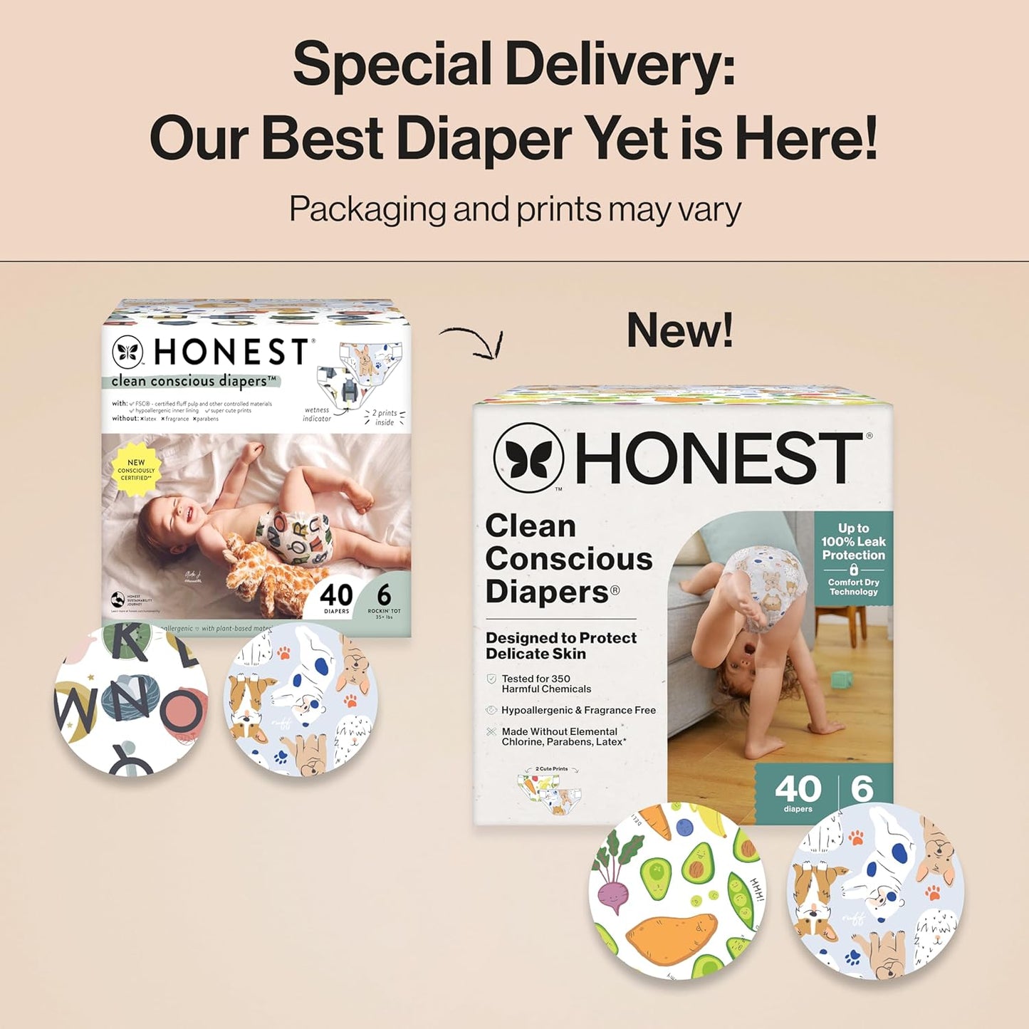 The Honest Company Clean Conscious Diapers for Delicate Skin | Up to 100% Leakproof | Hypoallergenic, Fragrance Free | Gender Neutral | Club Box, Size 6 (35+ lbs), 40 Count (Prints May Vary)
