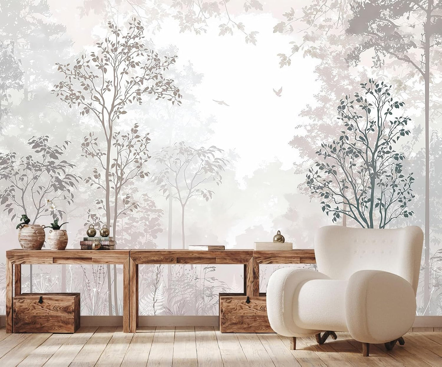 Beige Forest Wallpaper Woodland Wall Mural Large Wall Art for Bedroom Living Room Dining Room(Not Self-Adhesive)