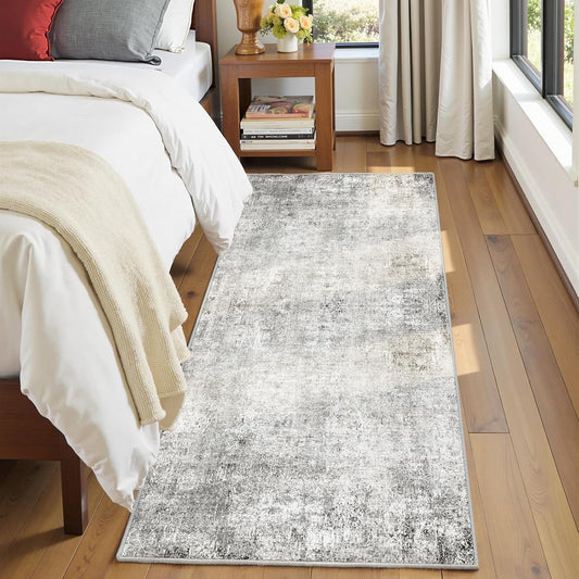 Washable Area Rugs 2'x6' Non-Slip Modern Abstract Soft for Living Room Entryway Bedroom Nursery, Print Pattern, Gray White Grey