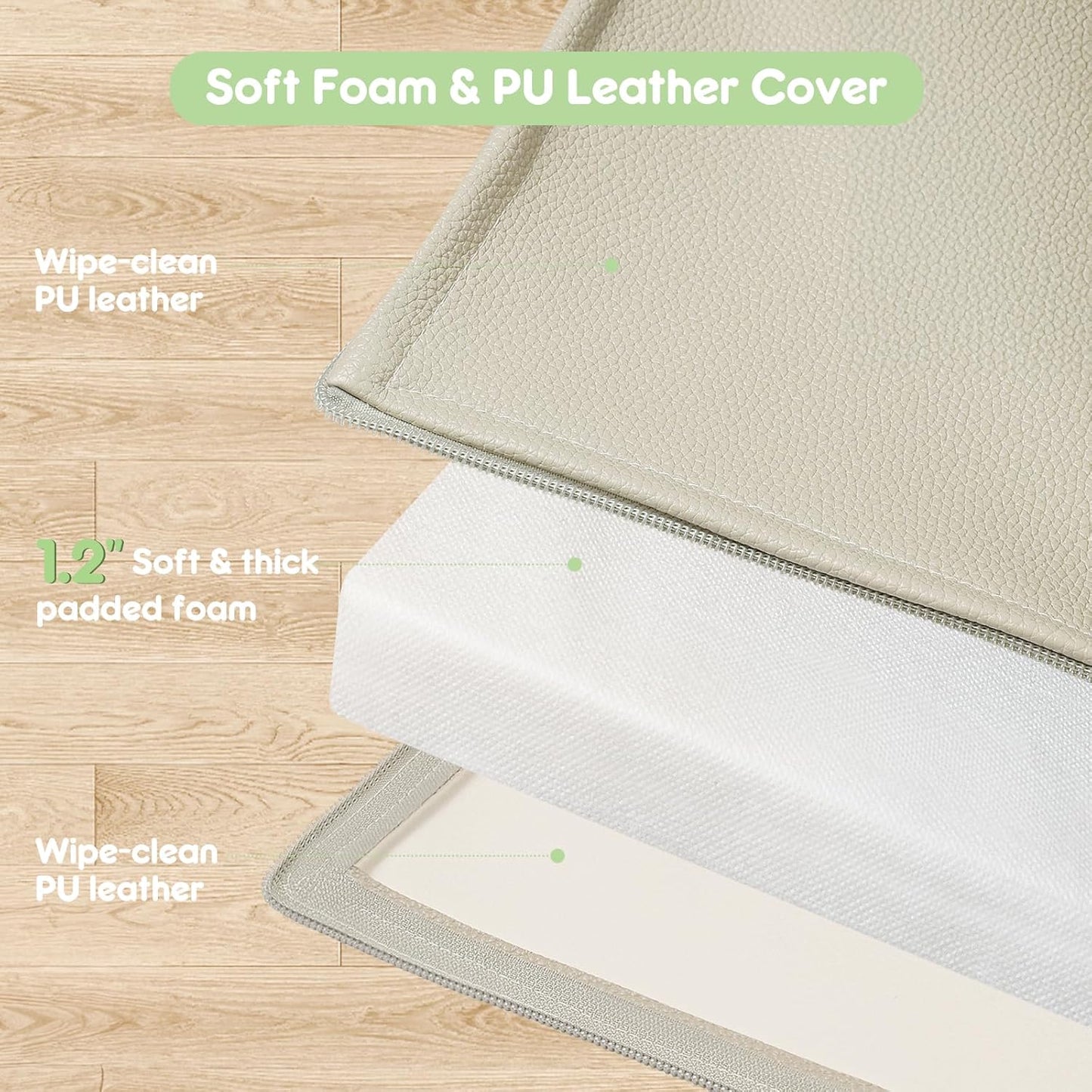 Padded Baby Play Mat, Super Soft Vegan Leather Baby Mat for Floor, 48x48 Thick Foam Cushioned Play Mat for Babies 6-12 Months, Fits Nicely Into 50x50 Playpen Mat, Grayish Green