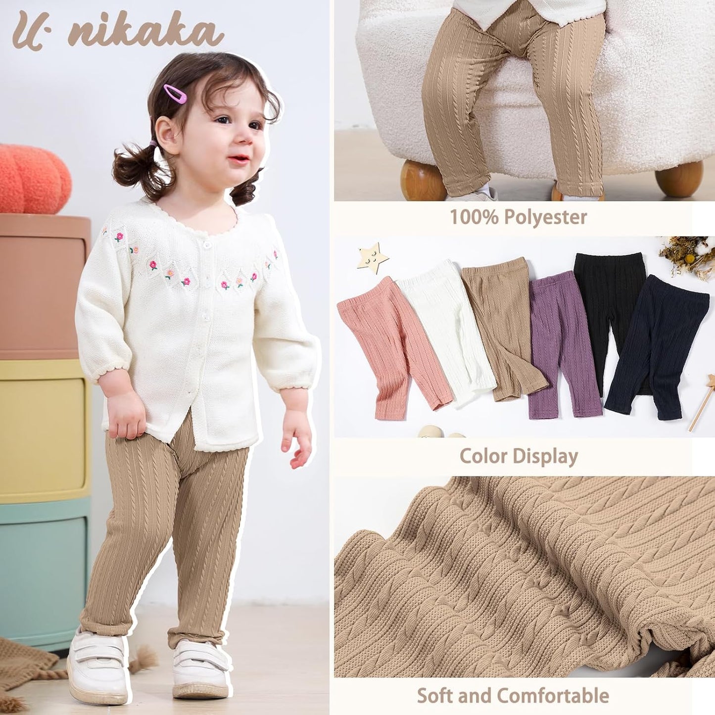 U·nikaka Toddler Baby Girls Pants Ribbed Infant Pants Leggings Toddler Baby Girl Bottoms Leggings 2 Packs