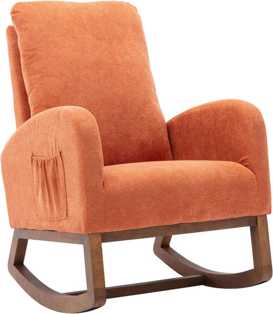 Dolonm Rocking Chair Mid-Century Modern Nursery Rocking Armchair Upholstered Tall Back Accent Glider Rocker for Living Room (Orange)