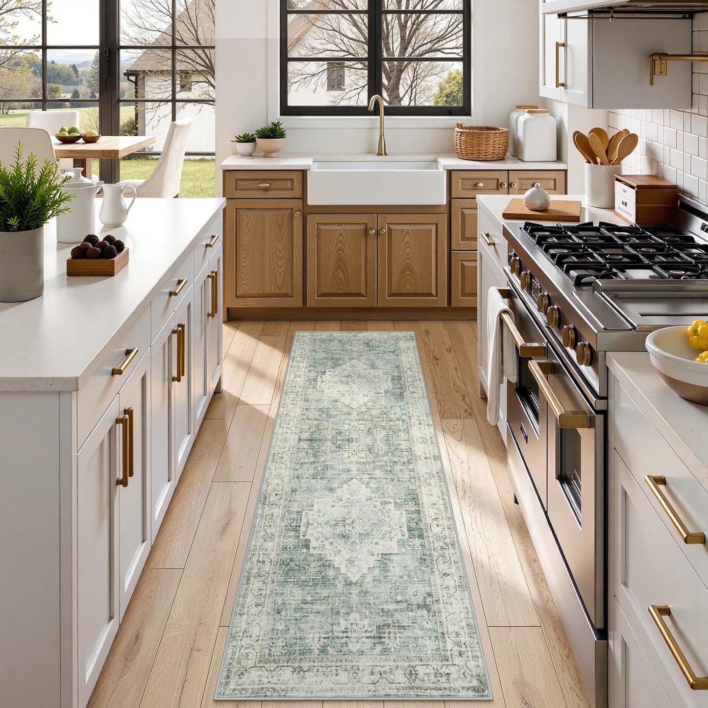 LIVEBOX Washable 2x7 Runner Rug for Bathroom, Non Slip Kitchen Mats for Floor Entryway, Boho Indoor Front Door Mat Low-Pile Runners for Hallways, Farmhouse Rugs for Laundry, Sage Green