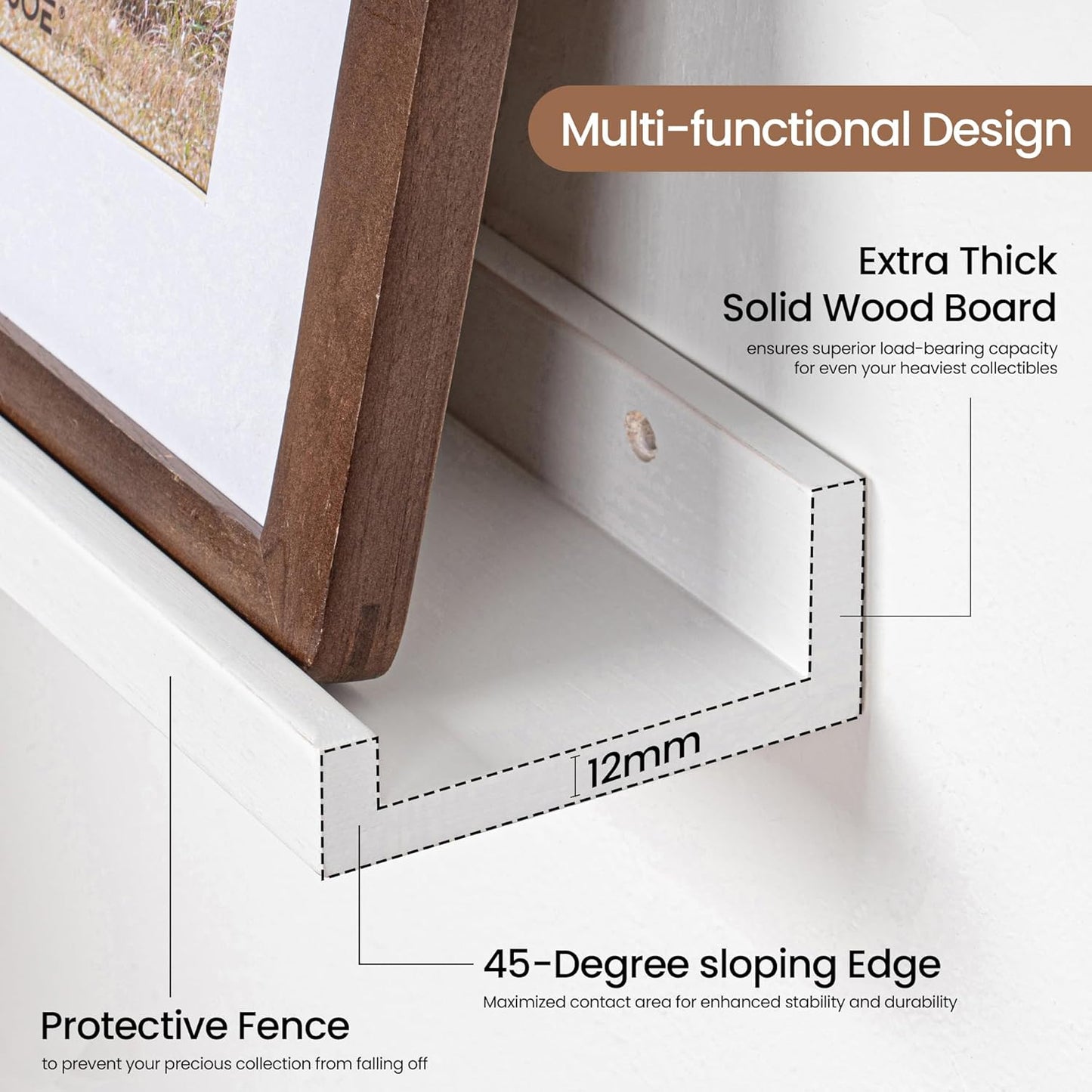 Picture Ledge Shelf, Solid Pine Wood Floating Shelves Set of 2, 48 Inches Nursery Book Shelves for Toys Storage, Kids Bookshelf Wall Mounted for Living Room Bedroom Decor Books Photo Frames, White