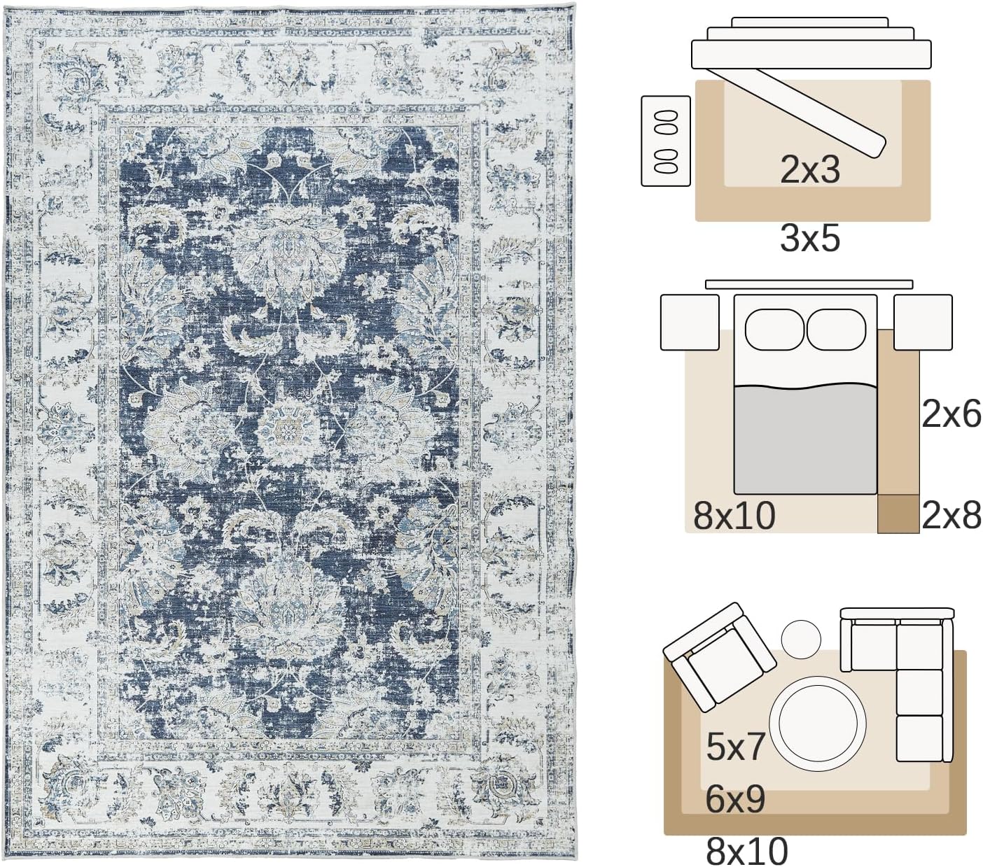 jinchan 4x6 Area Rugs for Bedroom - Machine Washable Distressed Vintage Floral Design Stain Resistant Boho Carpet Ultra-Thin Low Pile Non-Slip Rug for Living Room Dining Room Kitchen (4‘x6',Dark Blue)