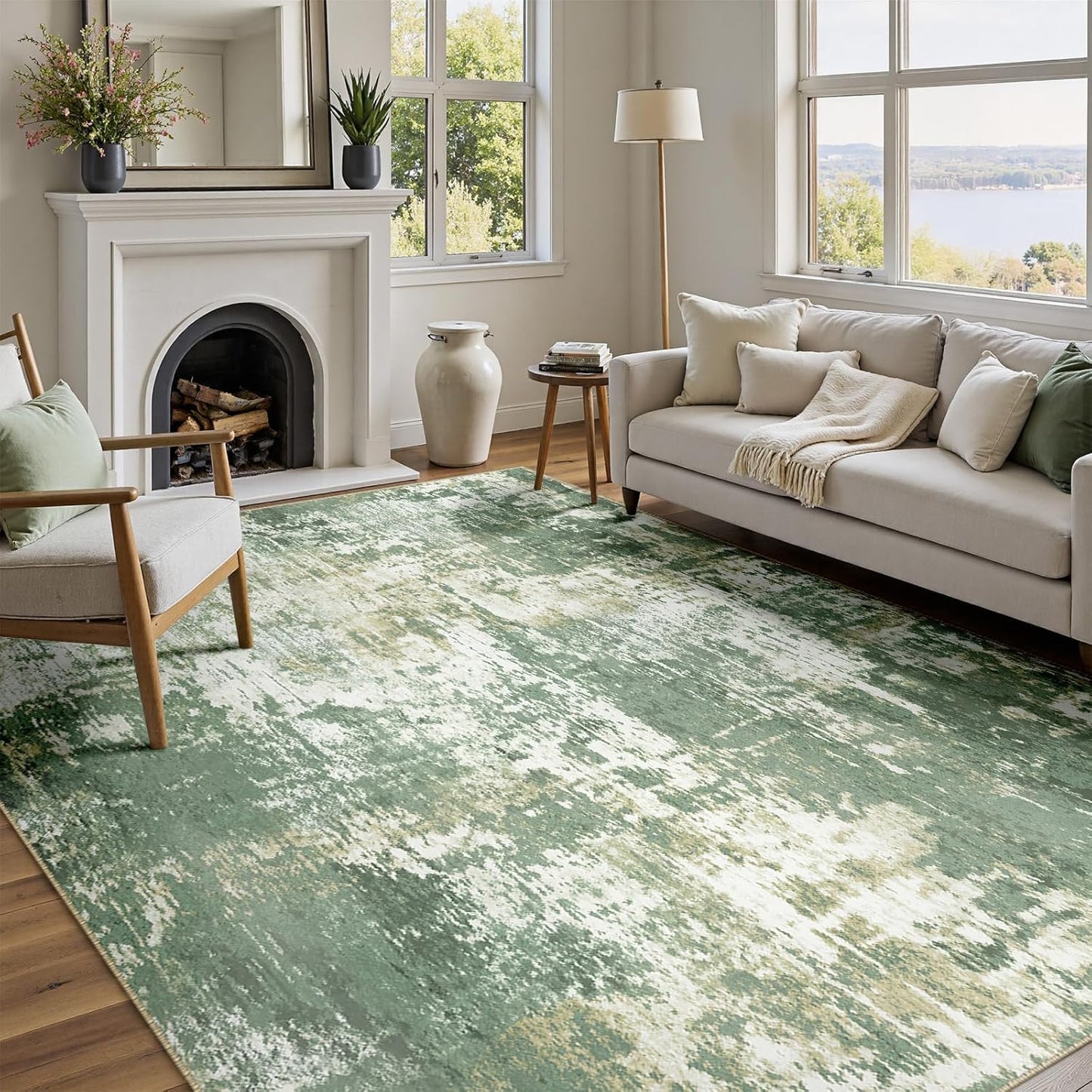 Washable Area Rugs 9'x12' Non-Slip Modern Abstract Soft for Living Room Entryway Bedroom Nursery, Print Pattern, Light Green/Yellow