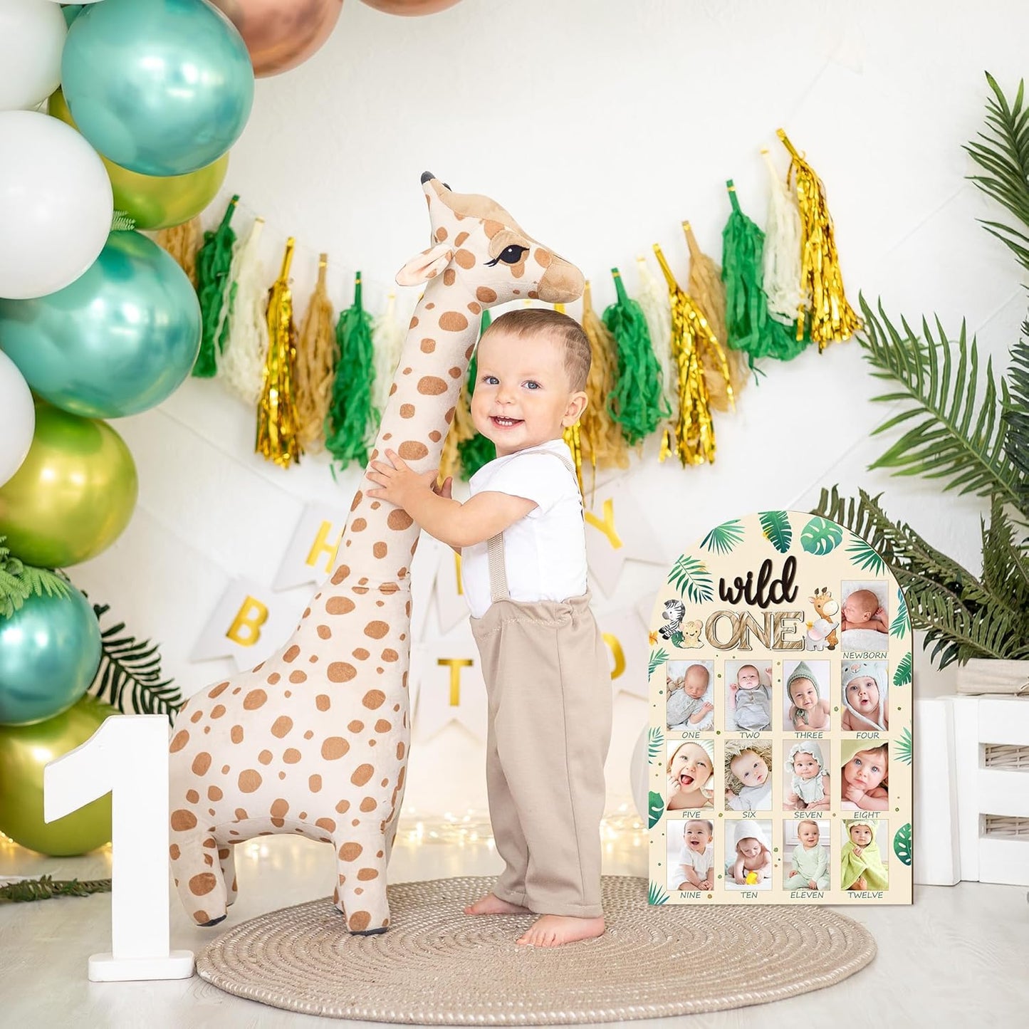 R HORSE My First Year Photo Frame Board, 3D Wild One Birthday Decoration, Jungle Themed Baby First Year Picture Frame 12 Months Milestone Display Wood Board Nursery Decor Gift for Boy Girl