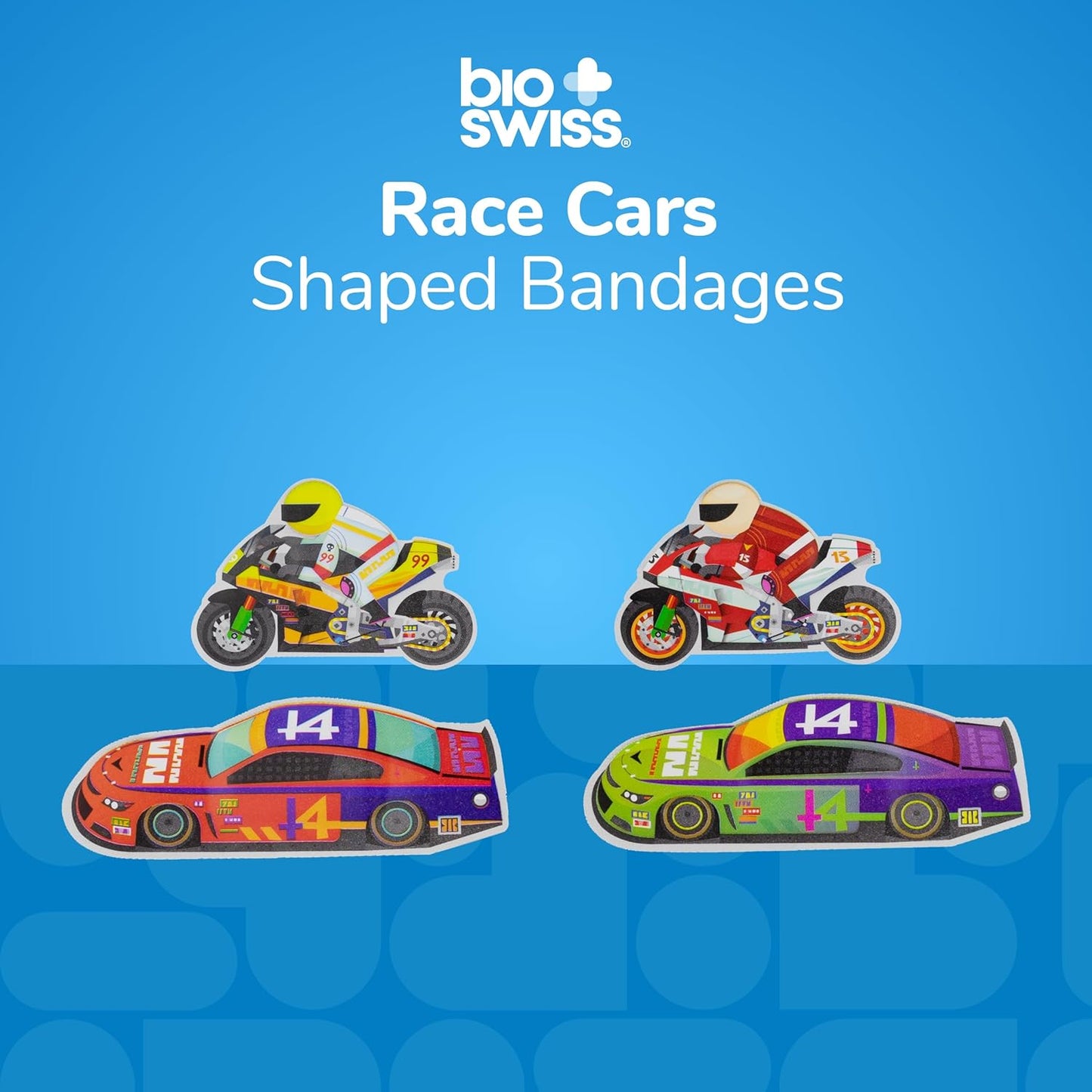 BioSwiss Bandages, Race Cars Shaped Self Adhesive Bandage, Latex Free Sterile Wound Care, Fun First Aid Kit Supplies for Kids and Adults, 24 Count