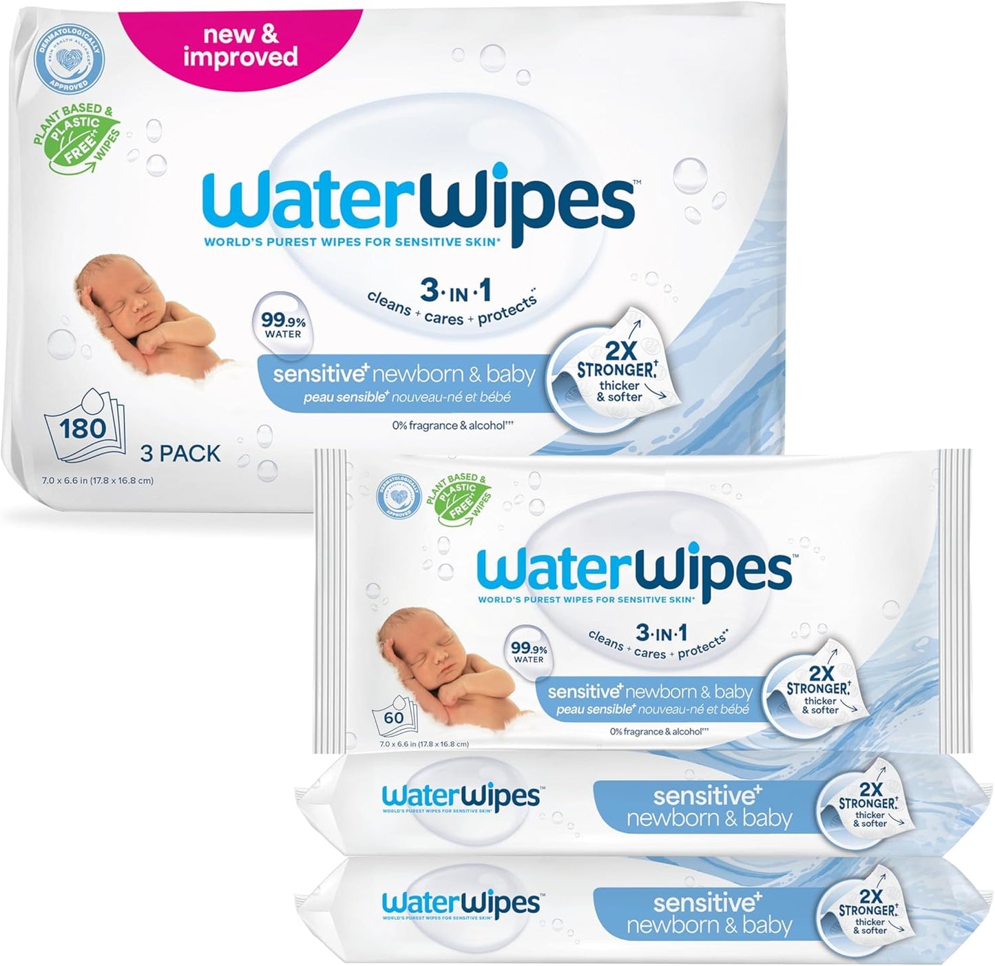 WaterWipes Sensitive+ Newborn & Baby Wipes, 3-In-1 Cleans, Cares, Protects, 99.9% Water, Unscented & Hypoallergenic, 180 Count (3 Packs)