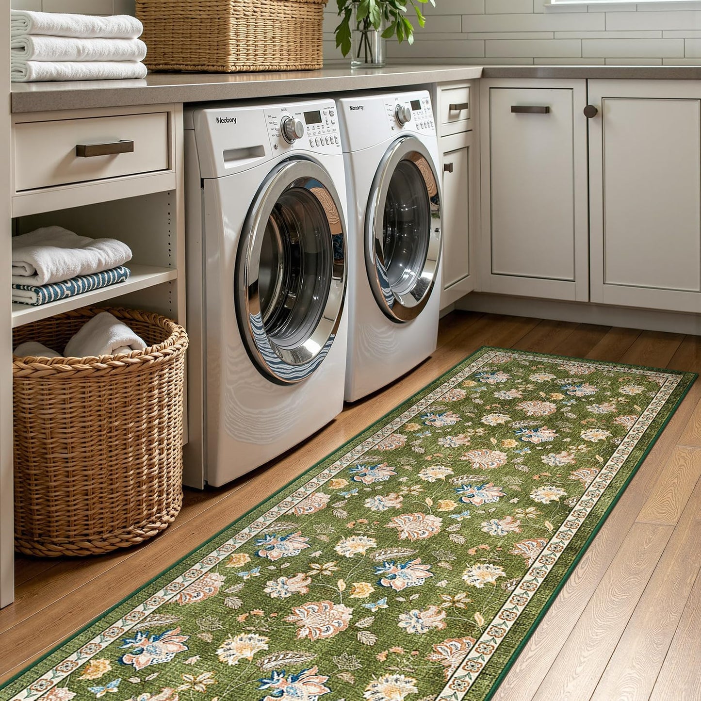 jinchan 3x10 Floral Runner Rug for Hallway Washable Kitchen Runner Vintage Romance Design Non Slip Thin Indoor Floor Cover Low-Profile Throw Carpet for Entryway Bathroom Bedroom Porch, Green