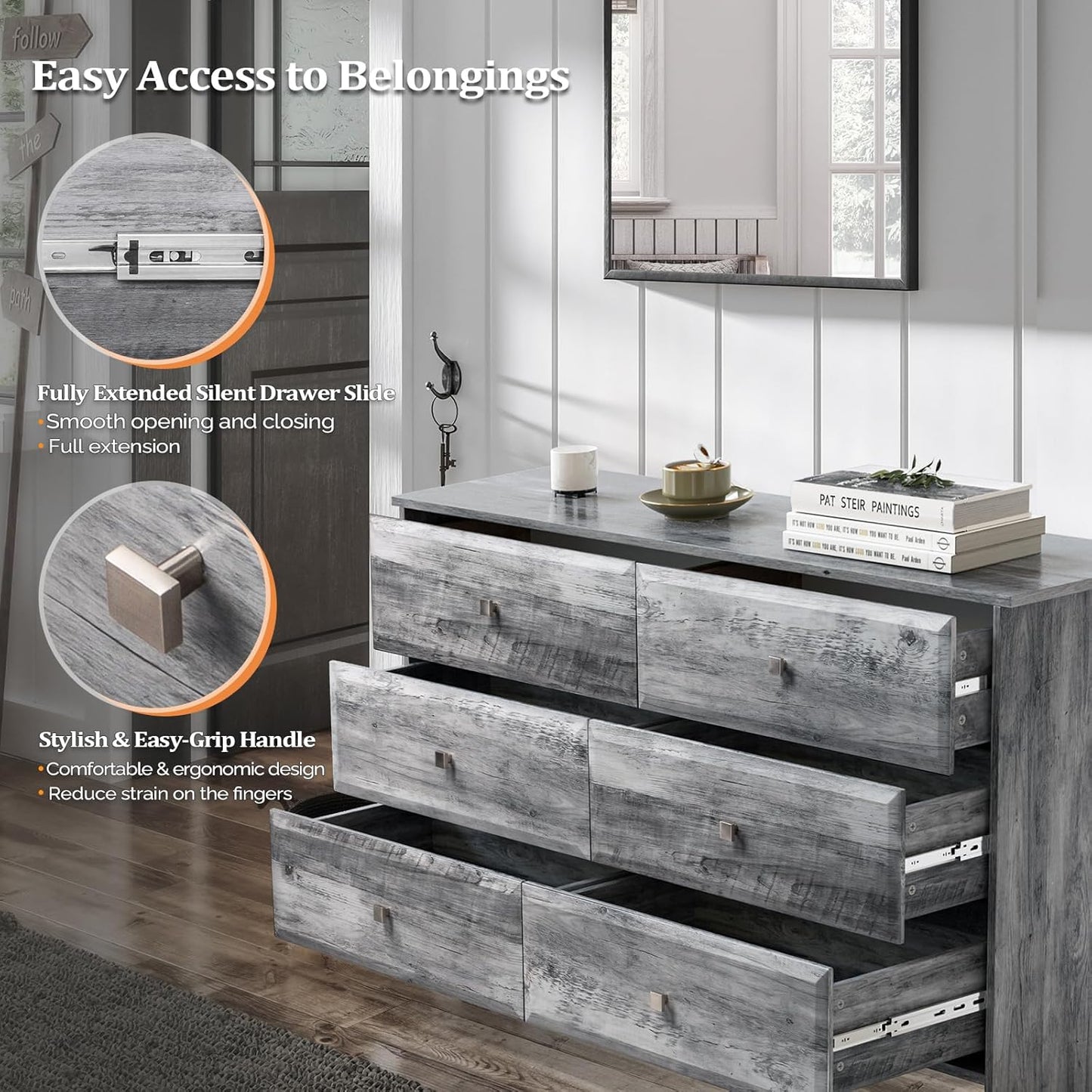 VINGLI Gray Dresser 6 Drawer, 54" Long Dresser for Bedroom, Wood Chest of Drawers with Textured Drawer Fronts, Rustic Grey Dressers Chest, 14.5" D x 53.9" W x 29.1" H