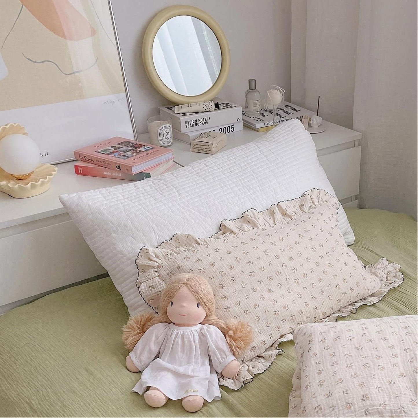 BuLuTu Cotton Muslin Kids Toddler Pillowcase Sprout Pattern, Shabby Chic Nursery Pillow Cover with Ruffle Edge, Soft Durable Travel Pillow Case for Boys Girls Bedding Decor, 14"x20",Machine Wash