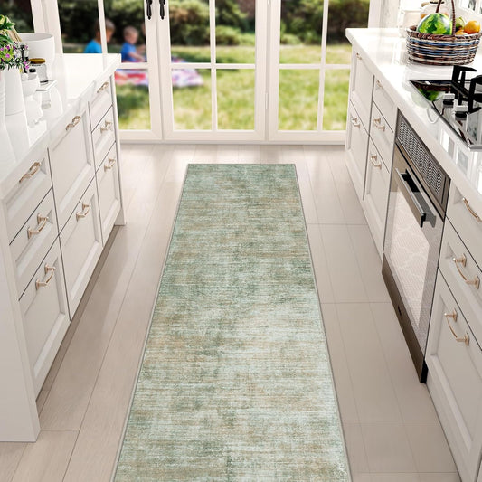 Washable Modern Abstract Kitchen & Hallway Runner Rug, 2'6''x8', Green with Non-Slip Backing