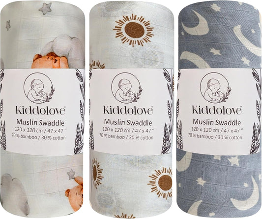 Muslin Swaddle Blankets for Newborn – 3 Pack Large 47"x47" Receiving Blankets – Soft, Breathable & Gentle – Unisex Sweet Dreams
