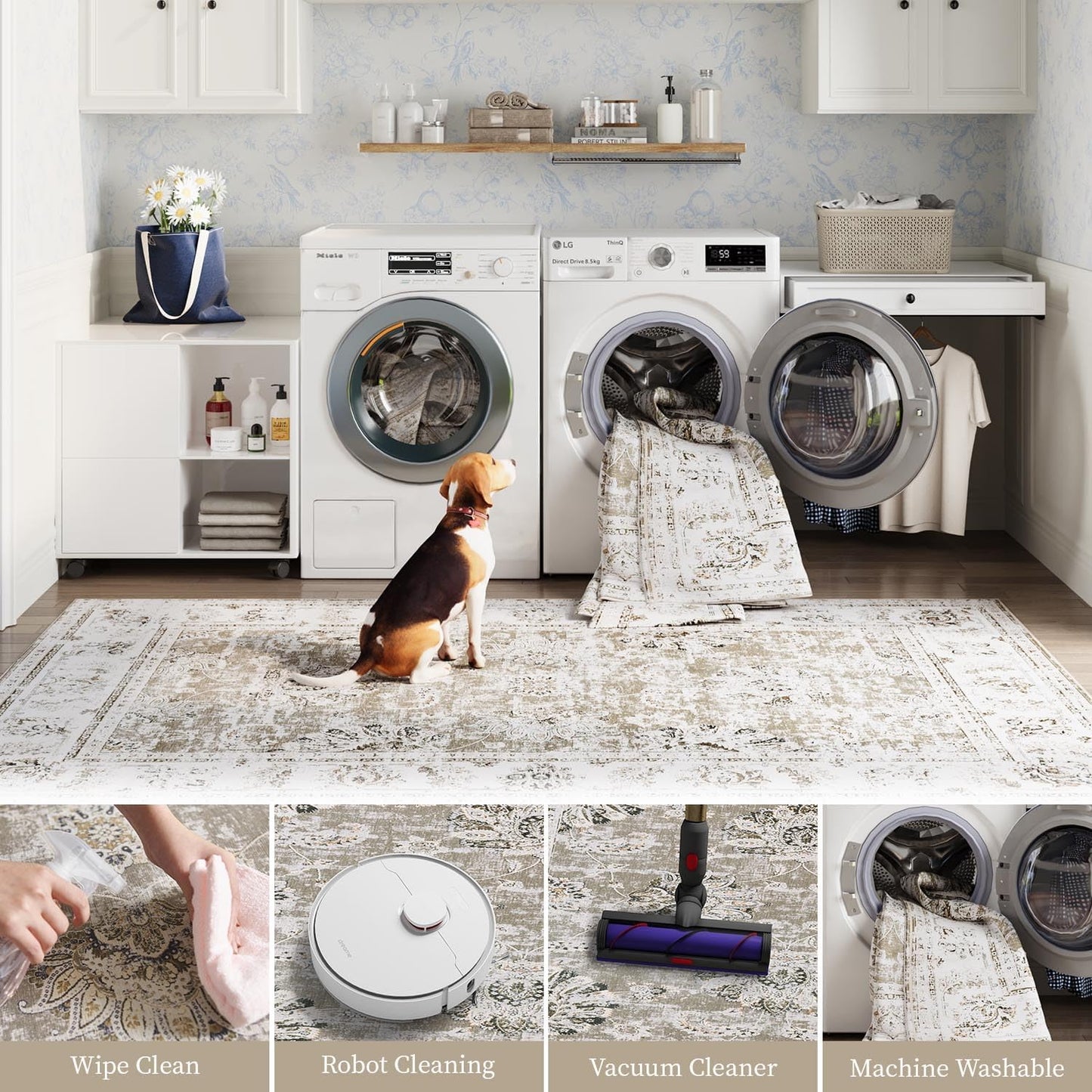 jinchan Hallway Runner Rug 3x7 Machine Washable Runner Rug Taupe Vintage Floral Design Non-Slip Low Pile Ultra-Thin for Kitchen Laundry Room Bedroom Farmhouse (3‘x7',Taupe)