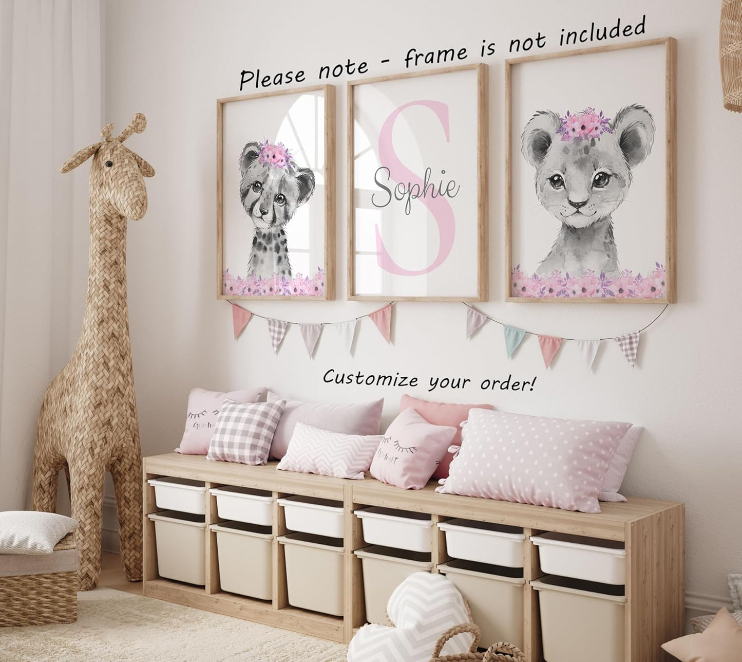 Safari Animals Girls Nursery Bedroom Unframed Set of 3 Poster Prints, Personalized Name Pink or Purple Flowers Wall Art Decor New Baby Gift Present, Elephant Giraffe Panda Zebra Lion (11x14)