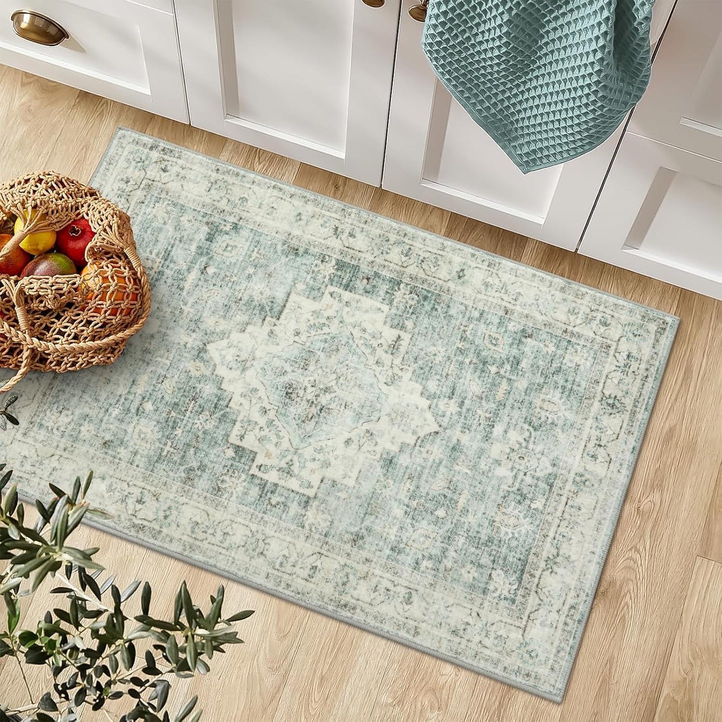 LIVEBOX Washable Rug 2x3 Kitchen Mats for Floor Entryway, Non Slip Front Door Mat for Bathroom Hallway, Boho Low-Pile Small Carpet Farmhouse Throw Indoor Rugs for Bath Sink, Sage Green