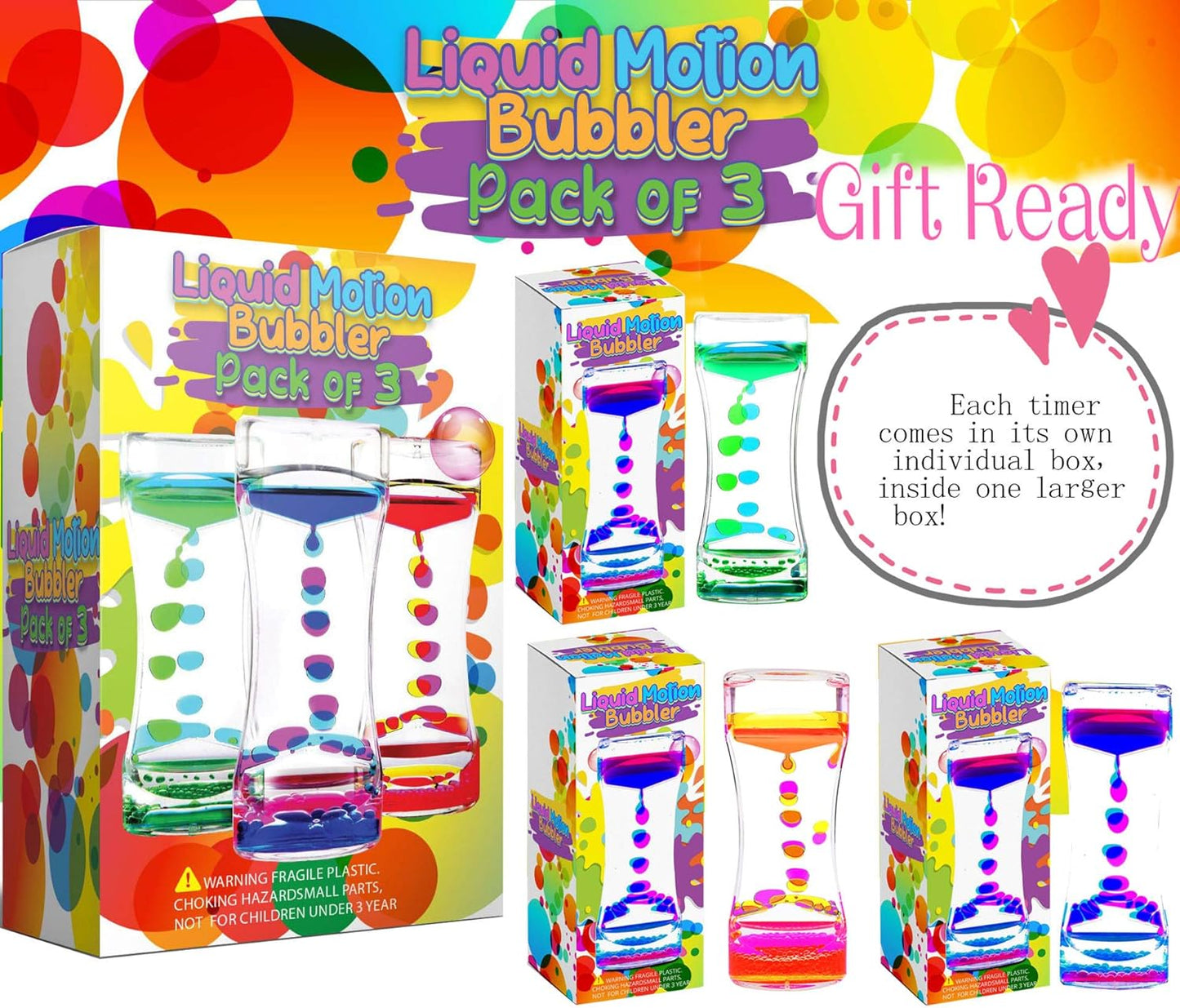 YUE MOTION Liquid Motion Bubbler Visual Sensory Toys, 2 Minute Liquid Timer– New Big Calming Sensory Water Bubbler Toy- Colorful Liquid Hourhlass for Stocking Stuffers, Easter Basket Stuffers