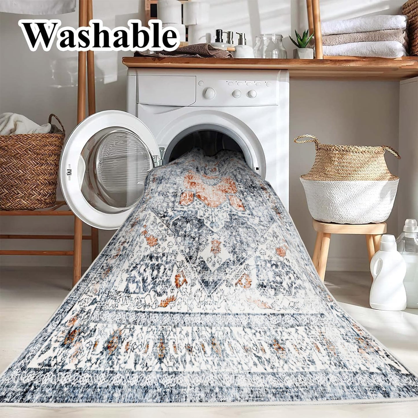 Area Rug 6x9 Washable Rug Gray Vintage Traditional Floor Cover Thin Retro Kitchen Indoor Distressed Non Slip Carpet Floral Print Mat Living Room Bedroom Dining Room