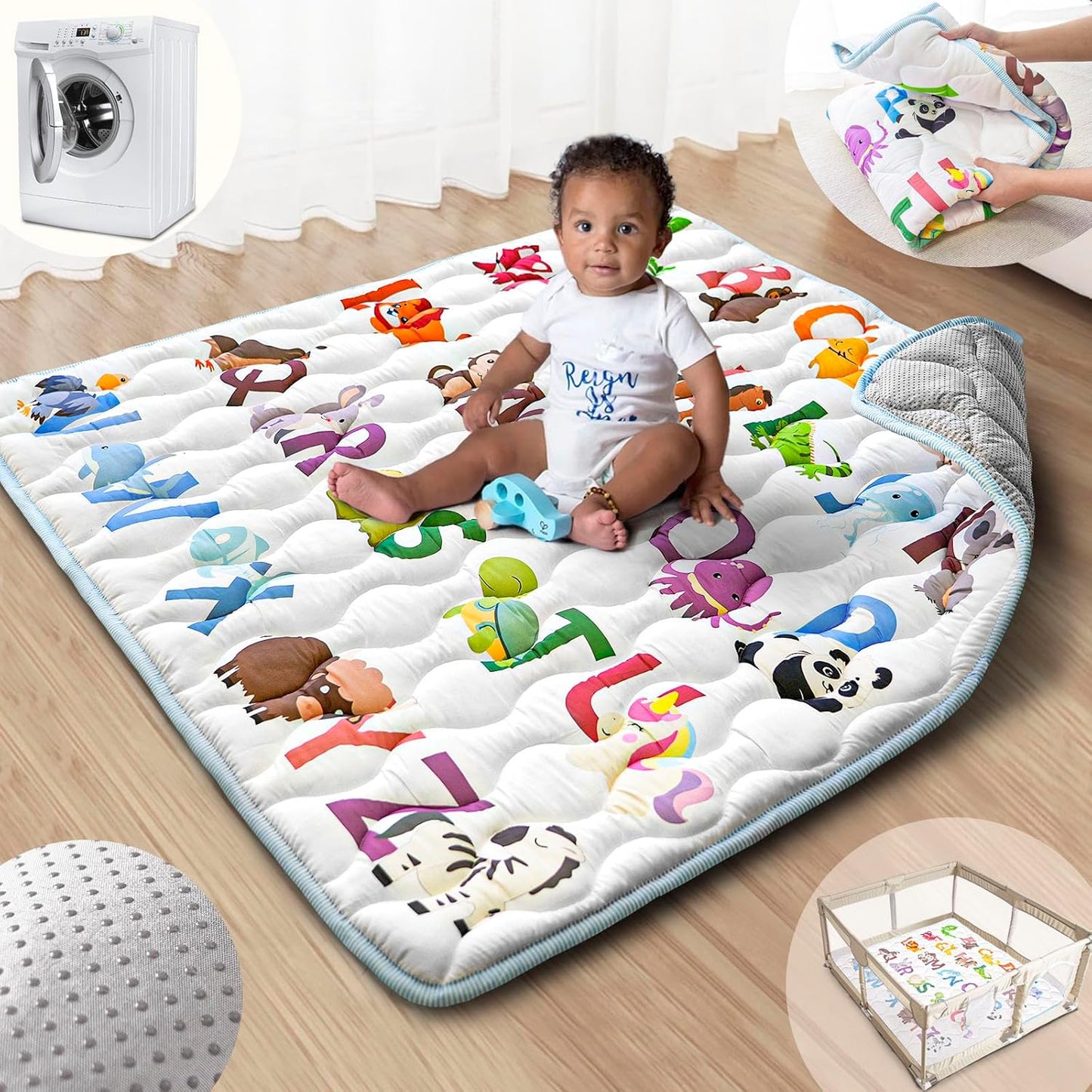 Baby Play Mat, 43x43 Mat with Super Soft Touch, Activity Mat with Upgraded Anti-Slip Bottom, Machine Washable Crawling Mat for Floor & Picnic(Animal Alphabets)