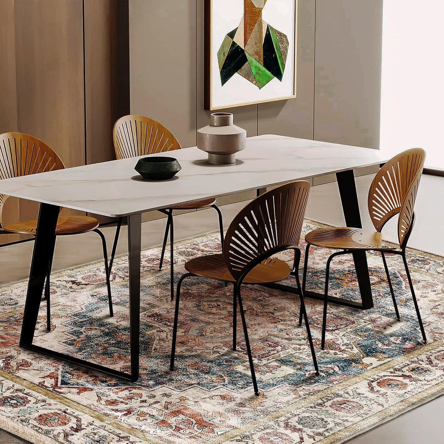 Washable Area Rug 9'x12' Beige Blue Boho Chic Medallion Distressed Design Non-Shedding Easy Care Ideal for High Traffic Areas in Living Room Bedroom Office Coffee Table Large Carpet