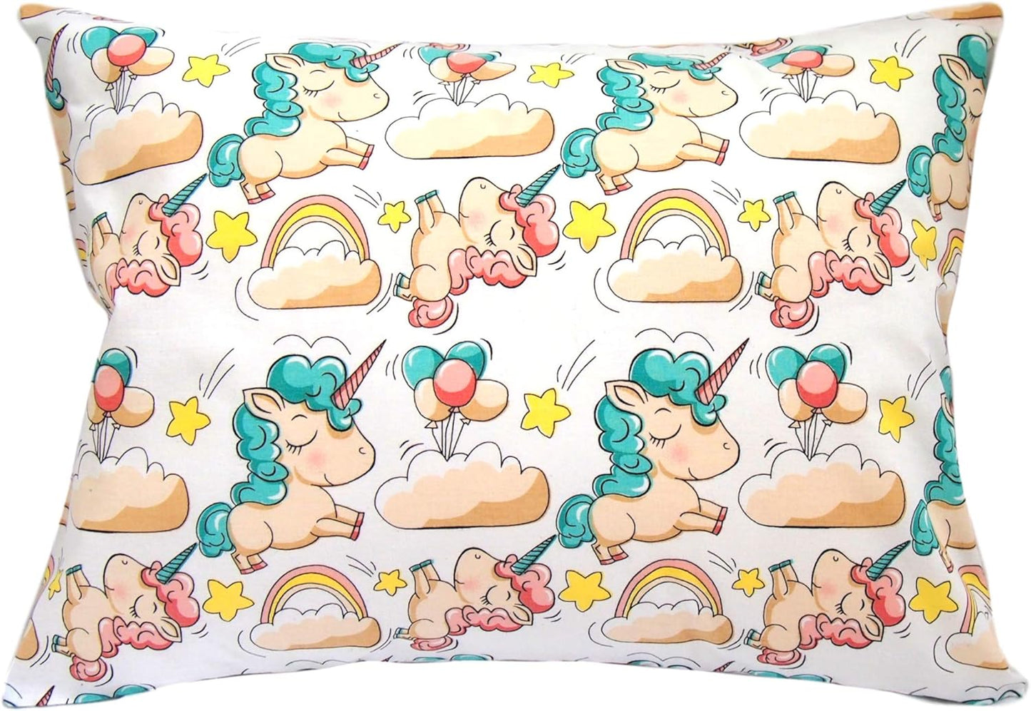 Toddler Pillowcase 13 x 18 Cotton Unicorn Pillows - Small Pillow Cases for Travel Pillows, Toddler Pillowcase Character - Green Unicorn with Balloons