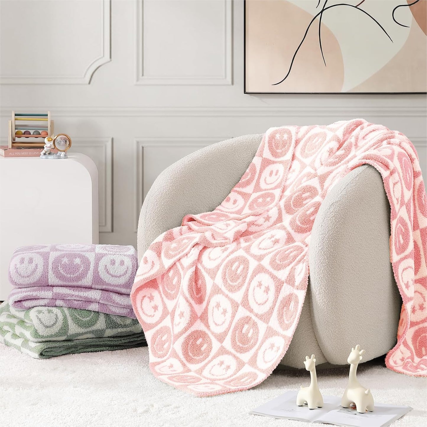 WRENSONGE Checkered Throw Blanket Blossom Smiling Face Soft Cozy Fluffy Warm Hand Made Throw Blankets for Couch, Sofa, Chair, Bed, Camping, Picnic, Travel Lightweight Bed Blanket - 50"*60"