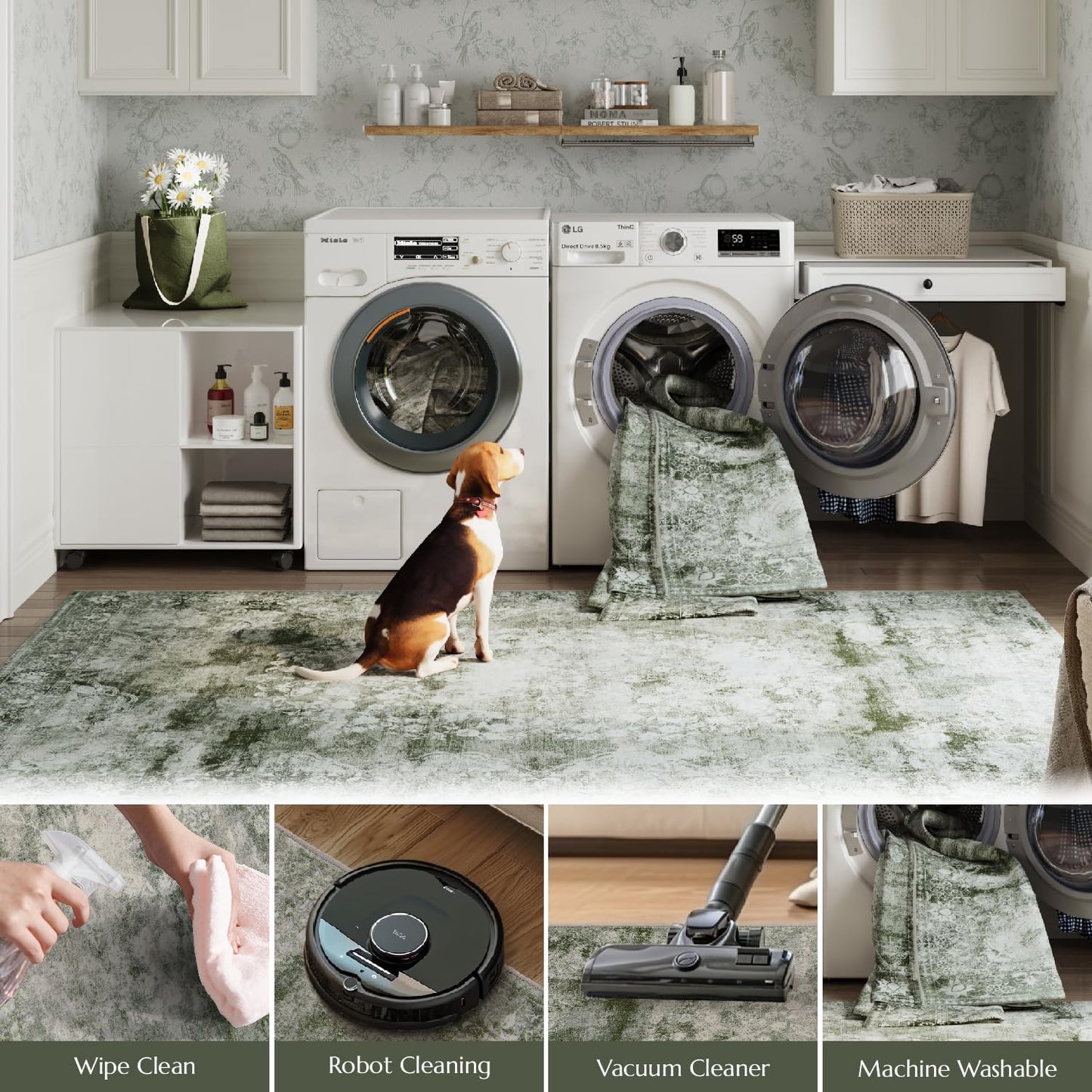 jinchan Green Floral 2x3 Rugs for Entryway - Vintage Washable Area Rug Ultra-Thin Low-Pile Soft Small Non-Slip Distressed Doormat for Entrance Kitchen Bedroom Bathroom (2x3ft,Forest Green)