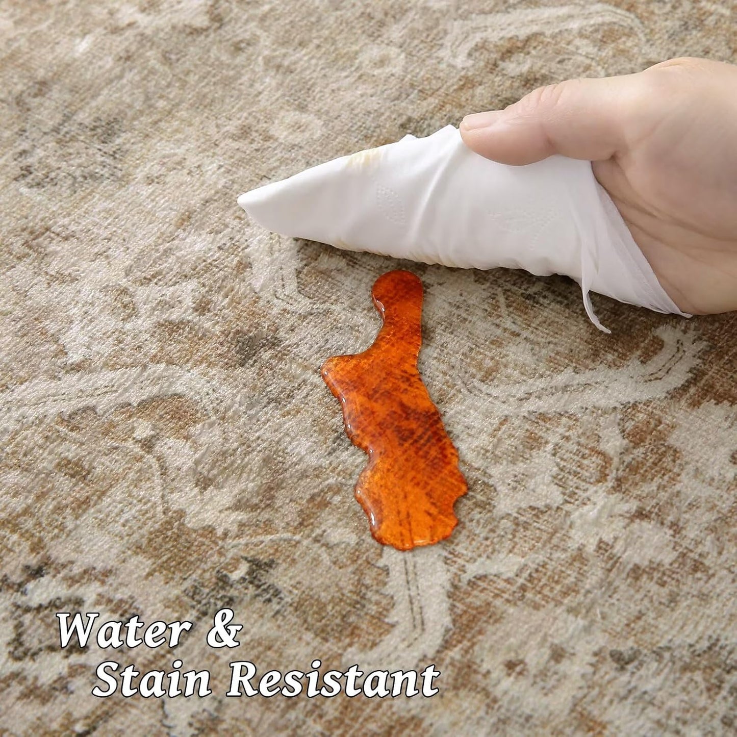 Washable 5x7 Area Rugs for Living Room, Boho Non-Slip Silicone Backing Rugs for Bedroom Dining Room Nursery Office, 0.3" Neutral Oriental Throw Carpet with 0.16" Cushioning Pad, Brown/Multi