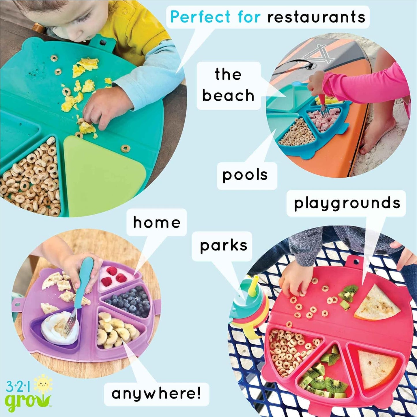 Silicone On-The-Go Snack Mat – Foldable Reusable Placemat with 3 Compartments and Lids – Travel-Friendly Baby and Toddler Snack Plate – Dishwasher Safe (Plum)