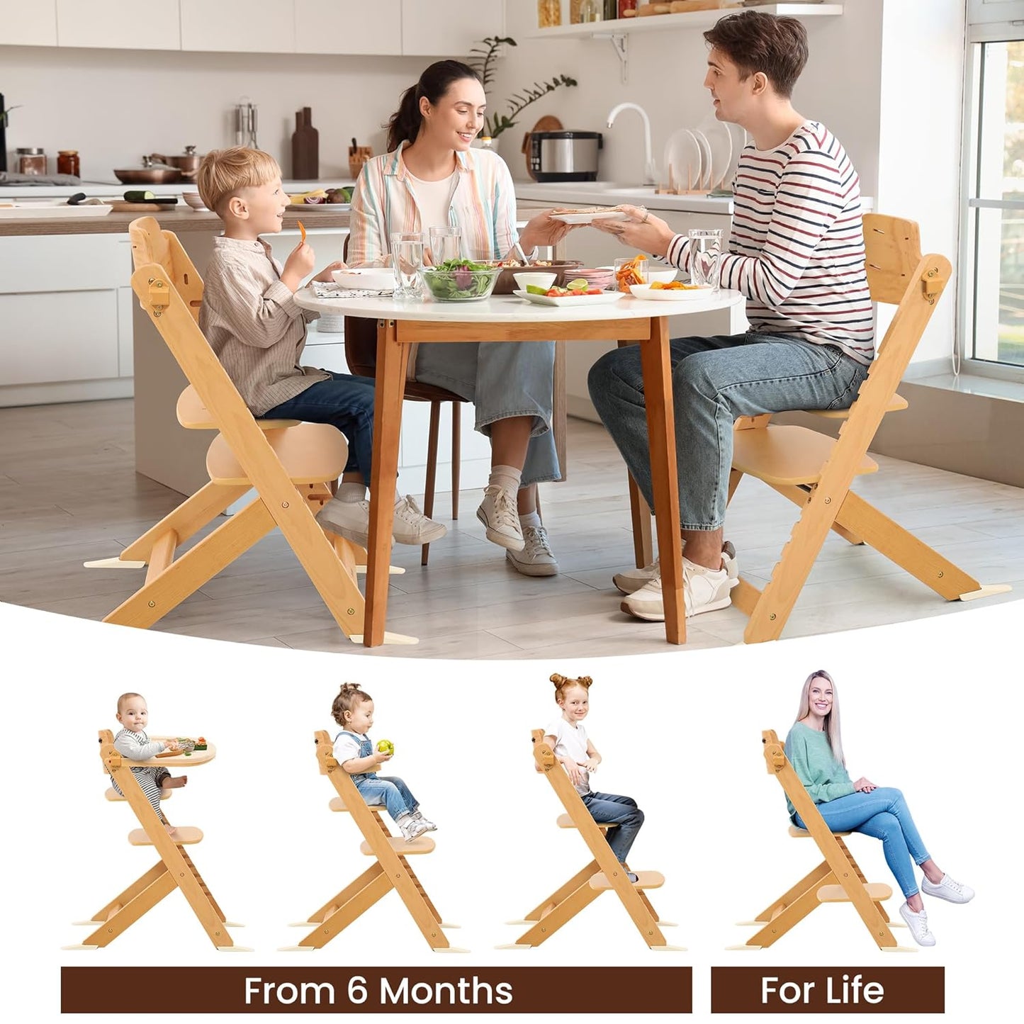 High Chair for Babies and Toddlers, Wooden Highchair with Adjustable Seat & Convertible Footrest Heights, Baby Feeding Chair with Safety Harness & Removable Double Layer Tray