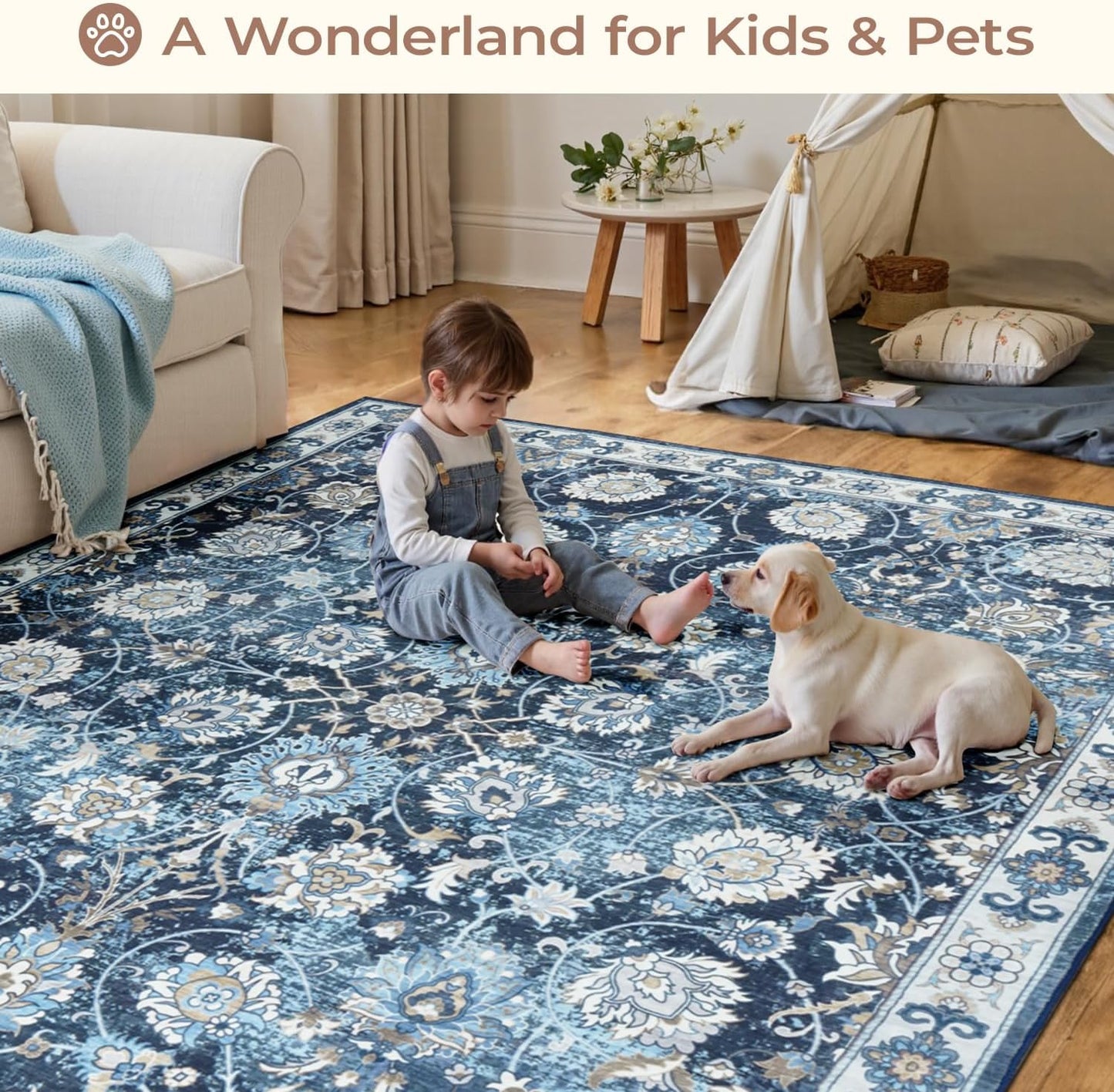Floral 8x10 Area Rug for Living Room, Large Washable Blue Rugs, Soft Non Slip Carpets, Stain Resistant Low Pile Carpet for Indoor Dining Bedroom Under Table Home Office Nursery, Blues Garden