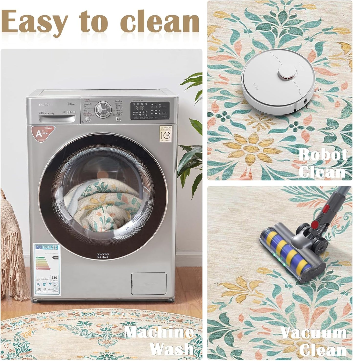 jinchan Round Rug 5ft Area Rugs Vintage Floral Distressed Design,Machine Washable Soft Non-Slip Low-Pile Ultra-Thin Circle Rug for Entryway Living Room Dining Room Bedroom (5' Round,Apricot Multi)