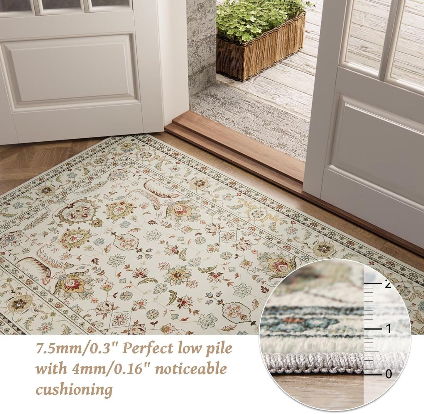 Washable 6x9 Area Rugs for Living Room, BoHo Non-slip Silicone Backing Large Rug for Bedroom Dining Room Nursery Office, 0.3" Neutral Oriental Throw Carpet with 0.16" Cushioning Pad, Light Beige/Multi