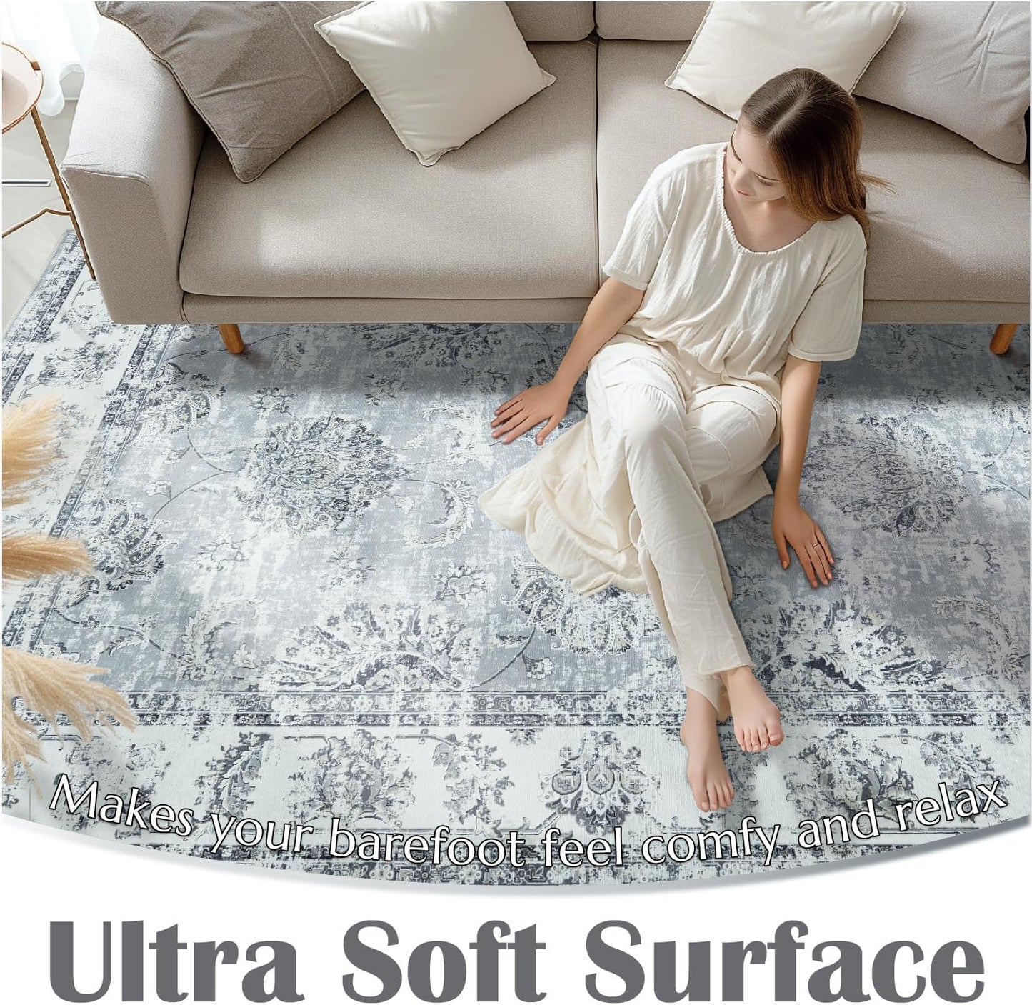 jinchan Runner Rug 2x6 Washable Hallway Runner - Vintage Floral Non Slip Low-Pile Soft Thin Kitchen Rug Distressed Carpet for Farmhouse Bedroom Entryway Laundry Room(2x6ft,Grey)