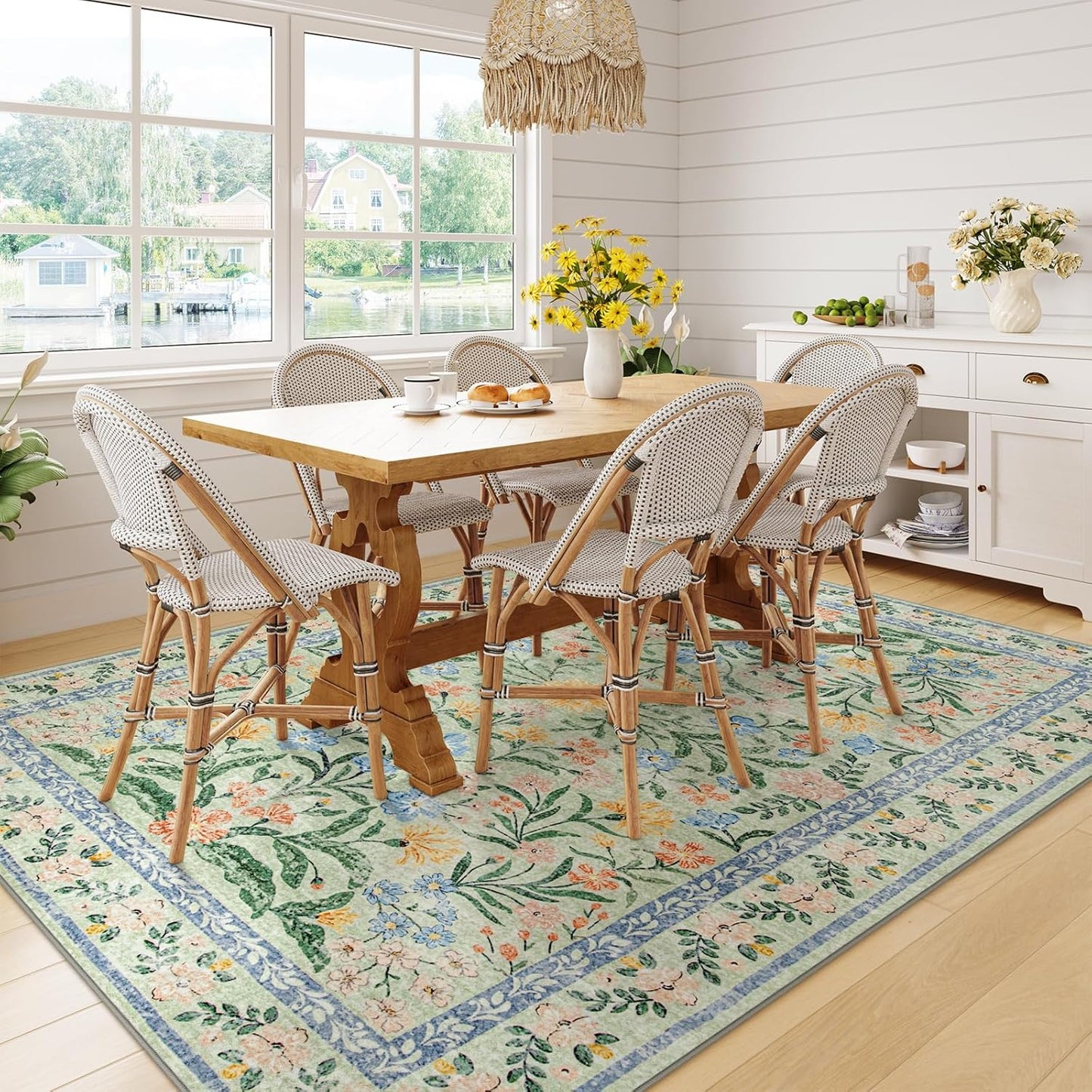 Wonnitar Washable Floral 6x9 Rug, Soft Green Area Rug Boho Non Slip Dining Room Carpet, Non-Shedding Flower Floor Carpets for Kids Bedroom Living Room Dorm Playroom