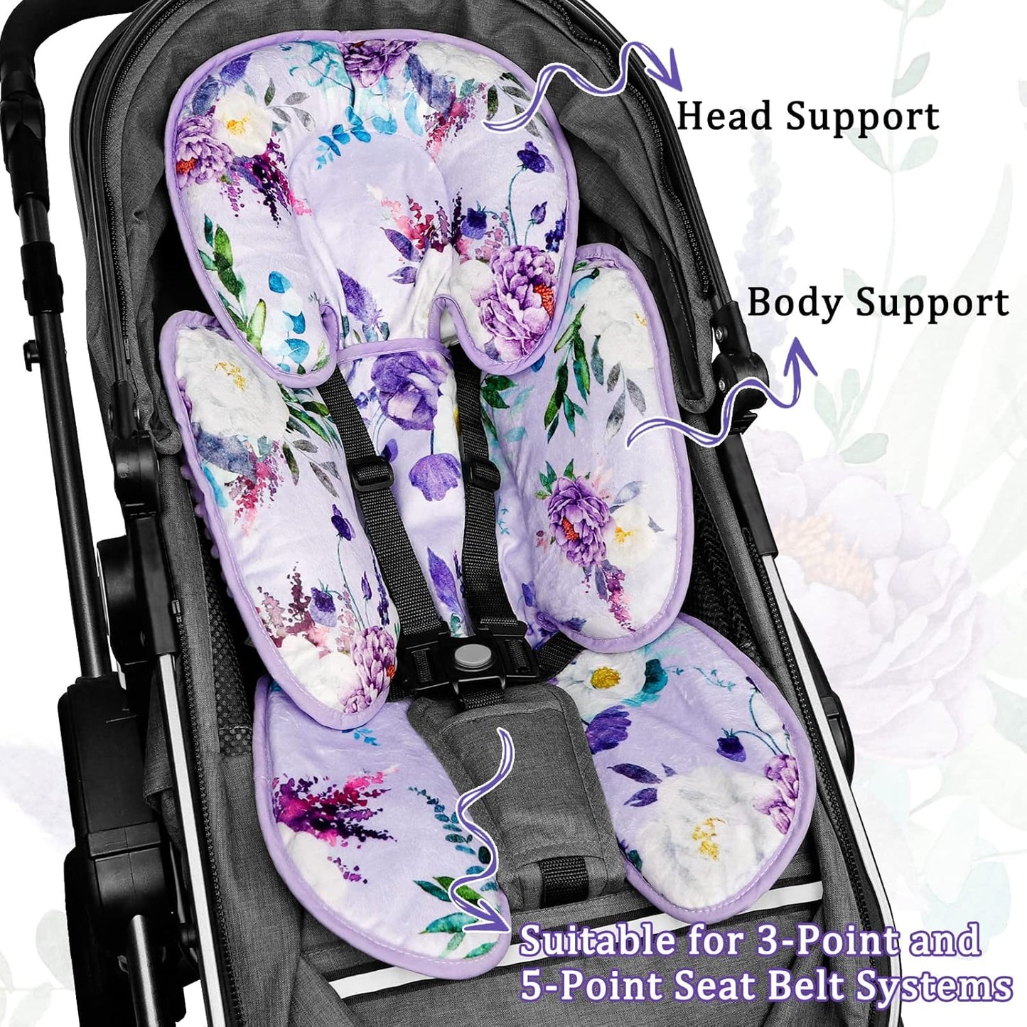 2 in 1 Infant Car Seat Insert, Car Seat Head Support Baby Girls Boys, Soft Newborn Carseat Insert Cushion, Perfect for Carseats, Strollers, Swings (Purple Flower)