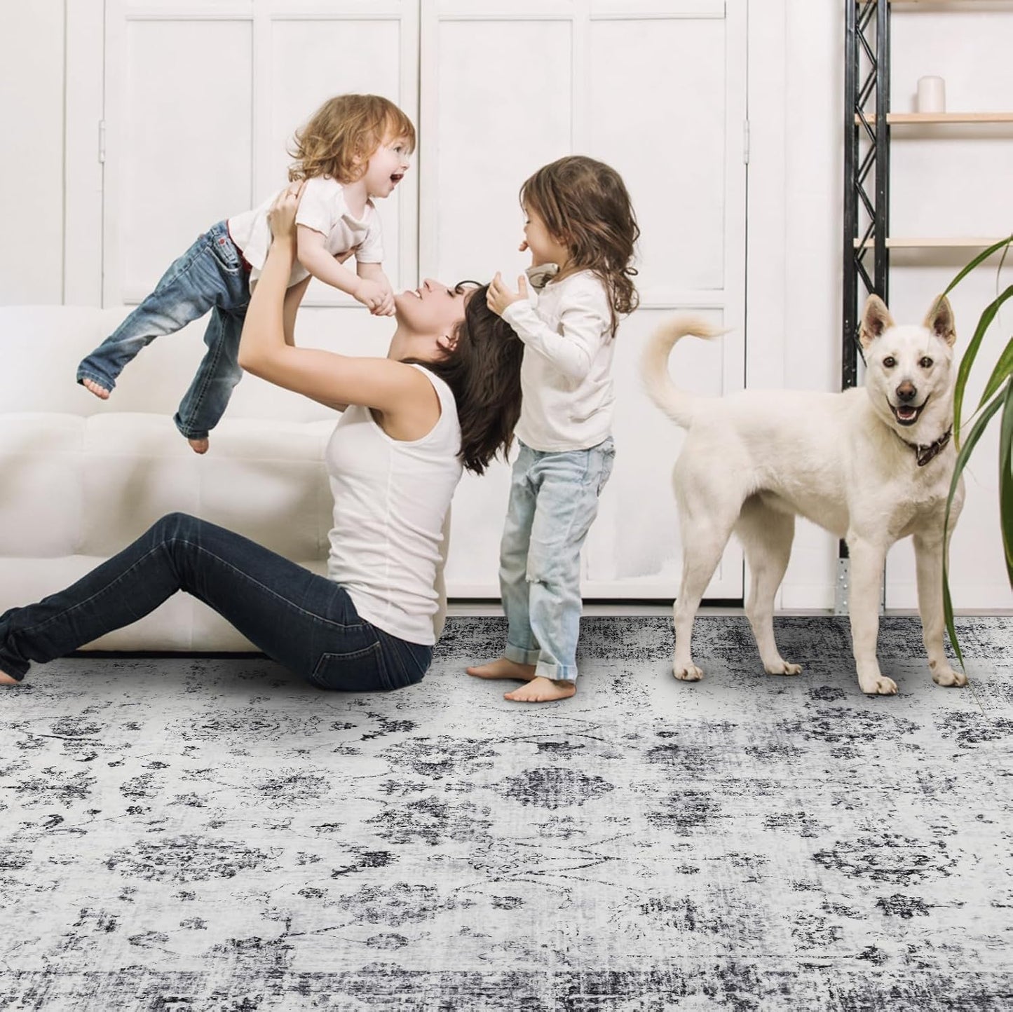 Washable 6x9 Area Rug for Living Room, Carpet for Bedroom Dining Room, Non Slip&Non-Shedding Resistant Low Pile Vintage Print Rug for Home Office ((White/Grey)