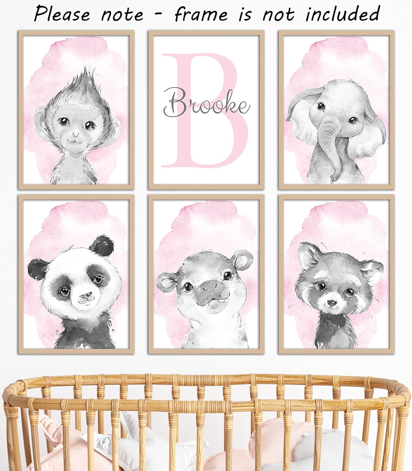 Safari Animals Set of 6 Unframed Poster Prints for Baby Girls Nursery Bedroom Playroom, Personalized Name, Choice of 12 Animals, Pink Purple (11x14)