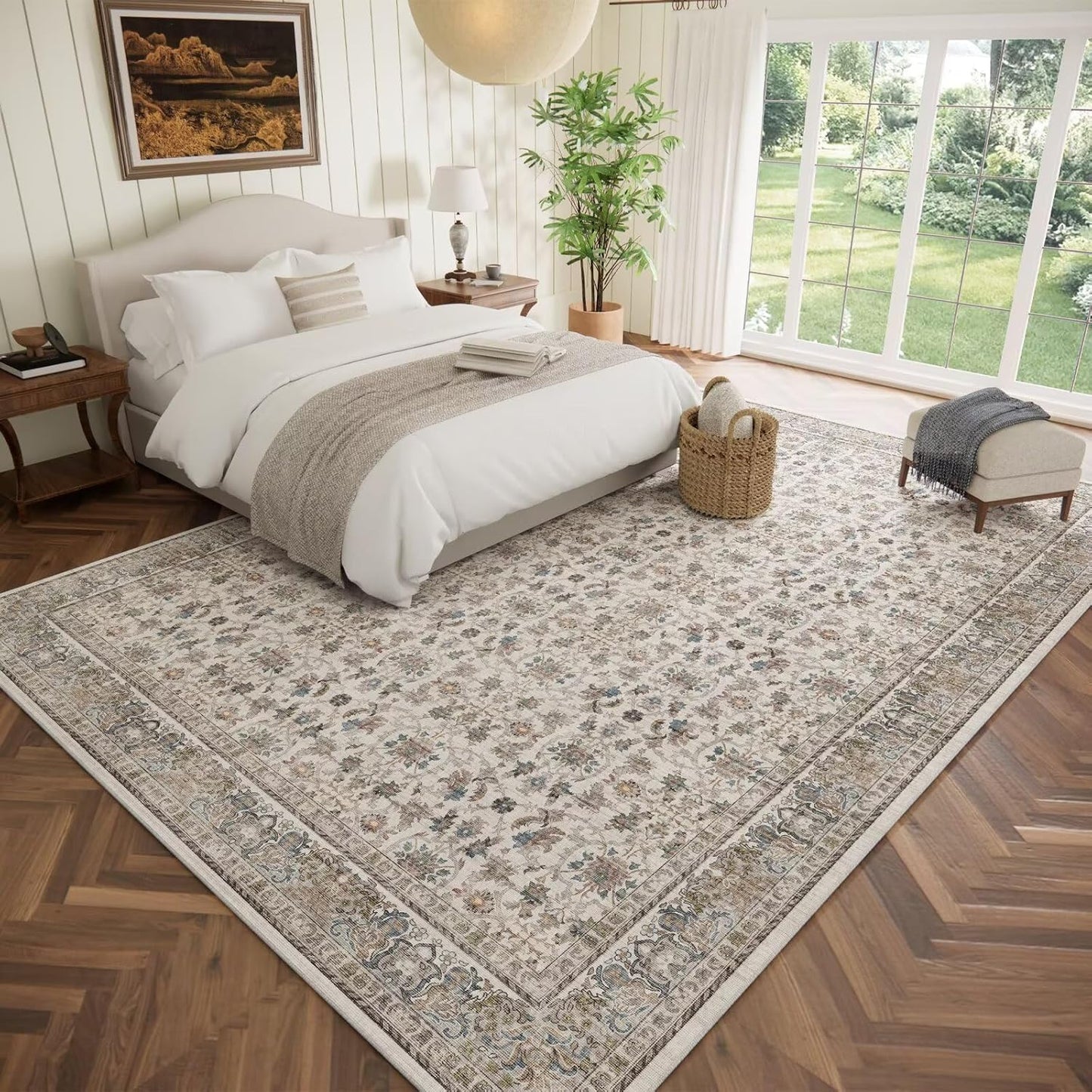 Washable 9x12 Area Rugs for Living Room, Boho Non-Slip Silicone Backing Rugs for Bedroom Dining Room Nursery Office, 0.3" Neutral Oriental Throw Carpet with 0.16" Cushioning Pad, Cream/Multi